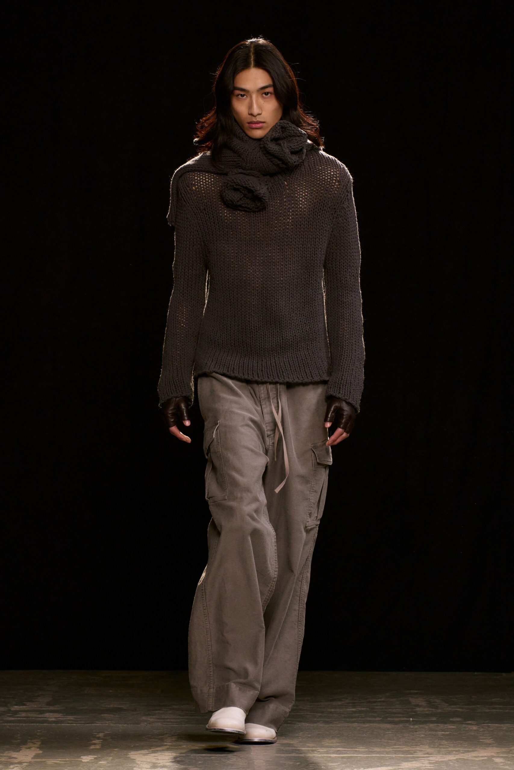 gray knit long-sleeve high-neck relaxed textured sweater