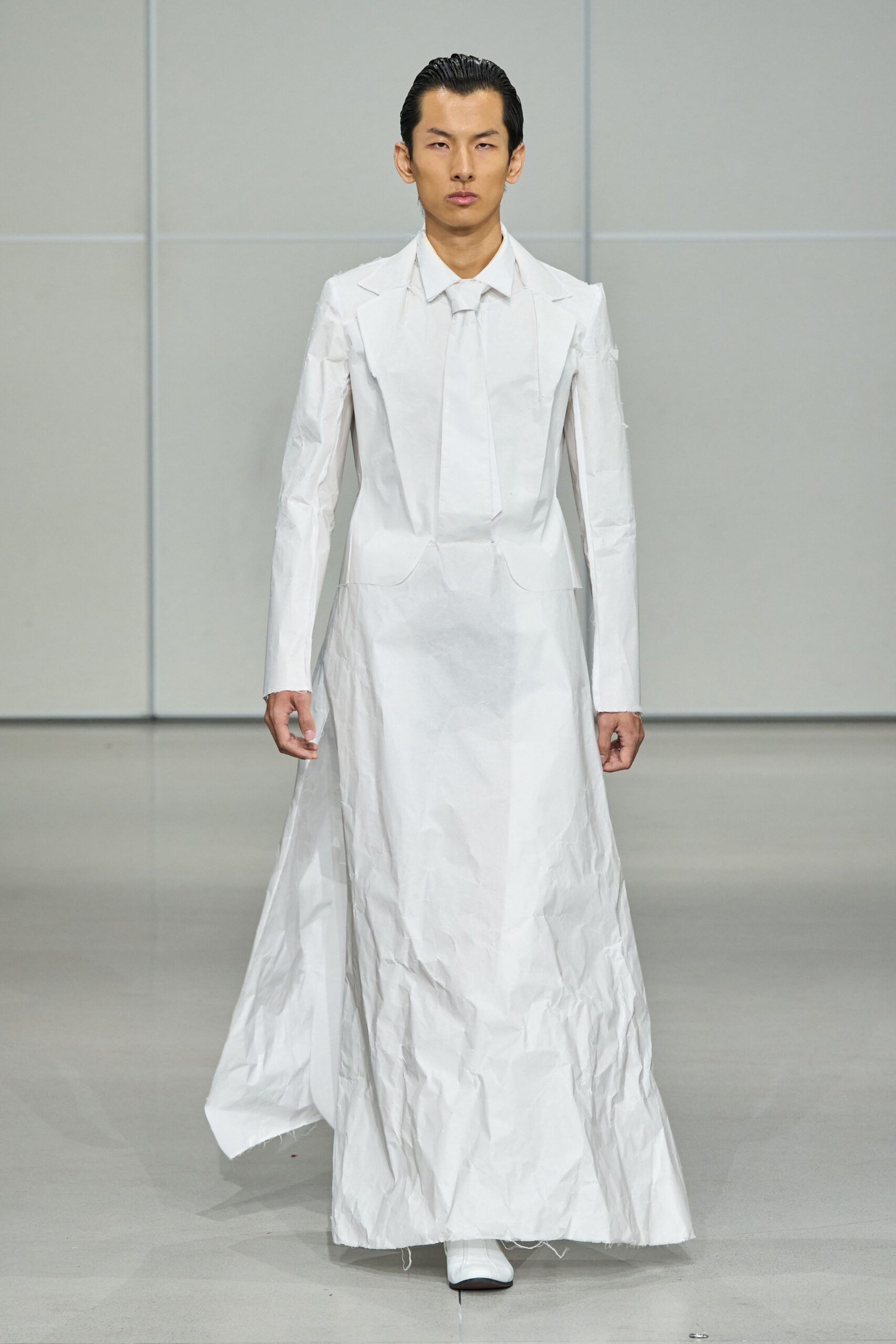 white cotton long-sleeve collared fitted layered maxi gown
