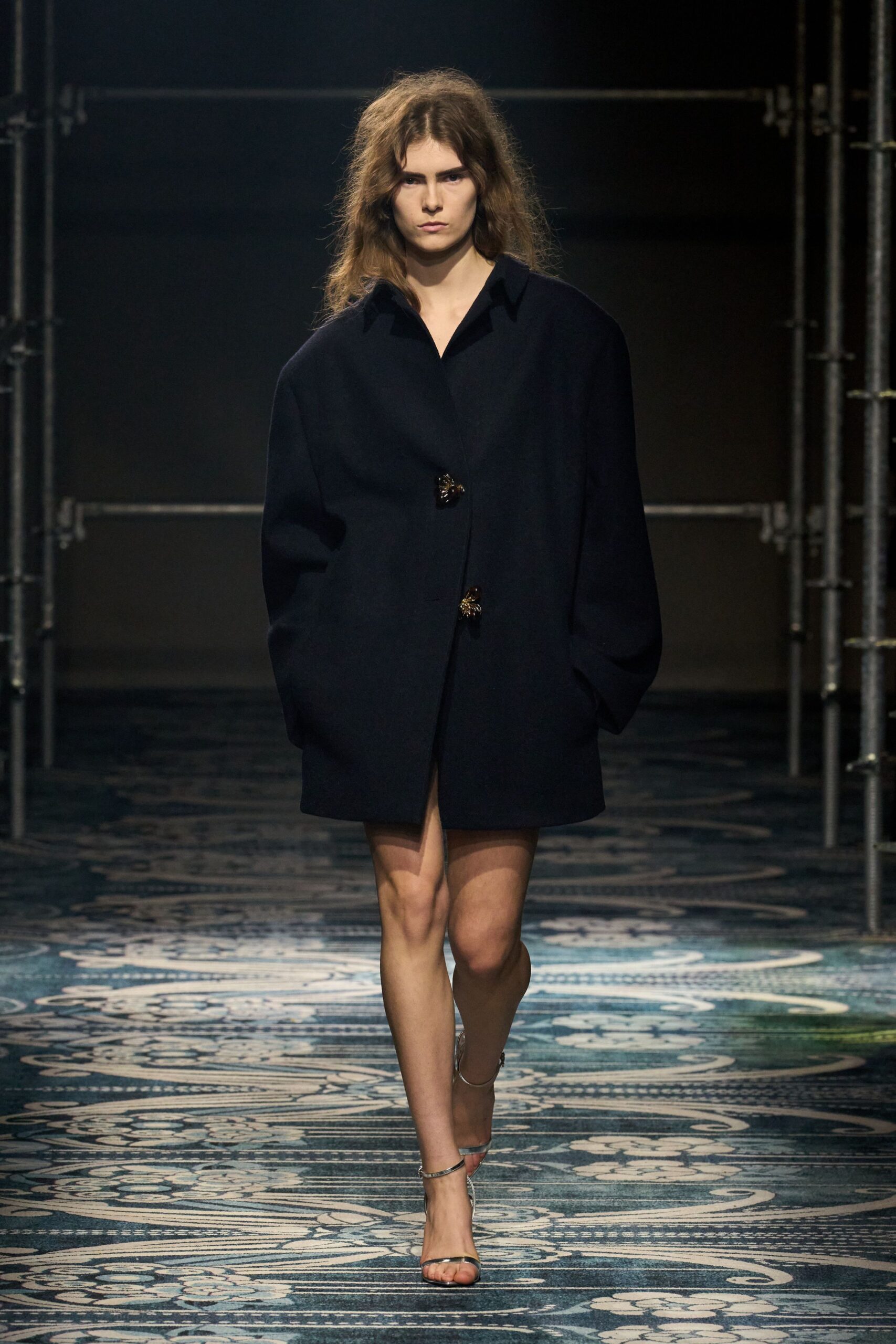 oversized black wool coat with strappy shoes