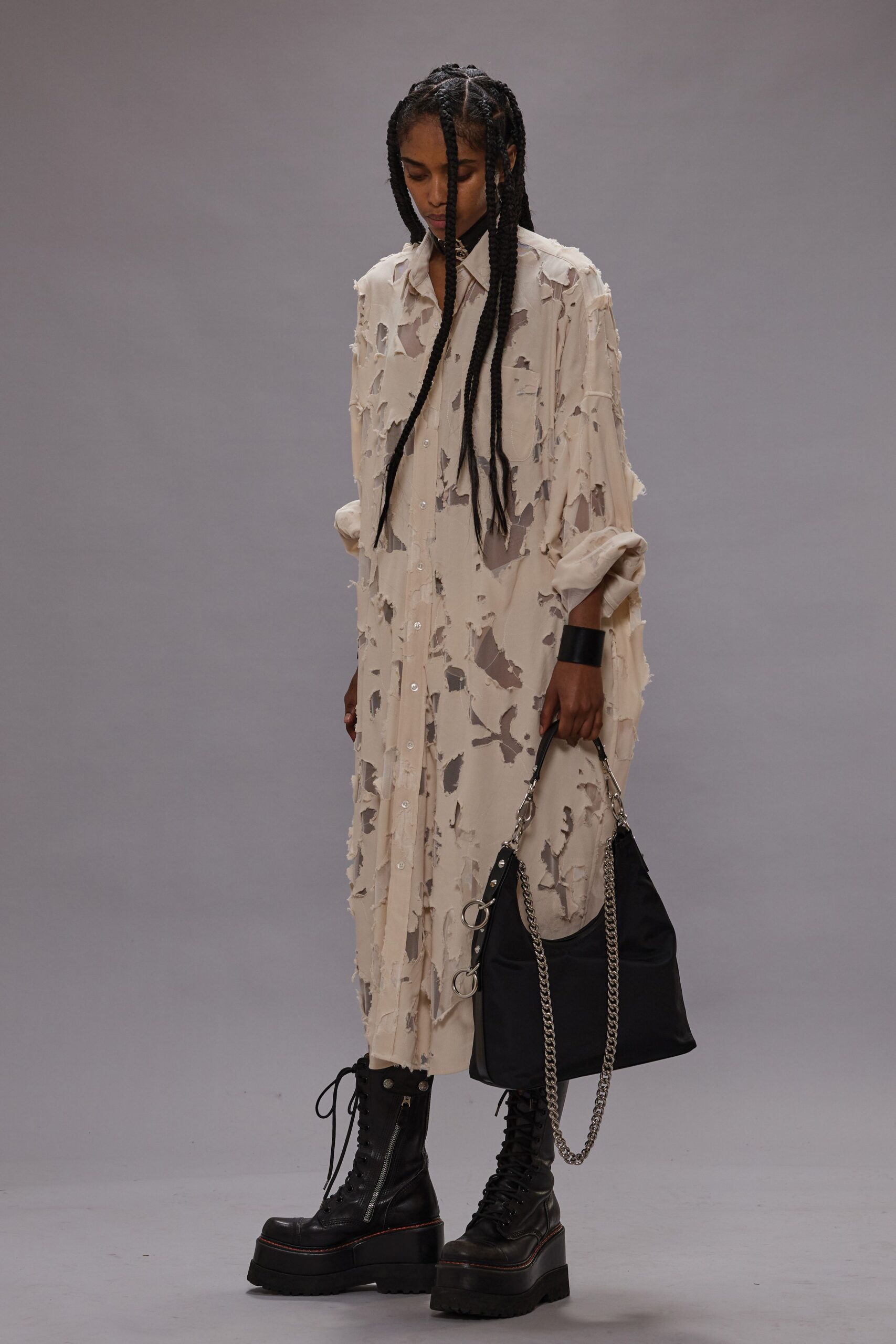 beige distressed shirt-dress with boots