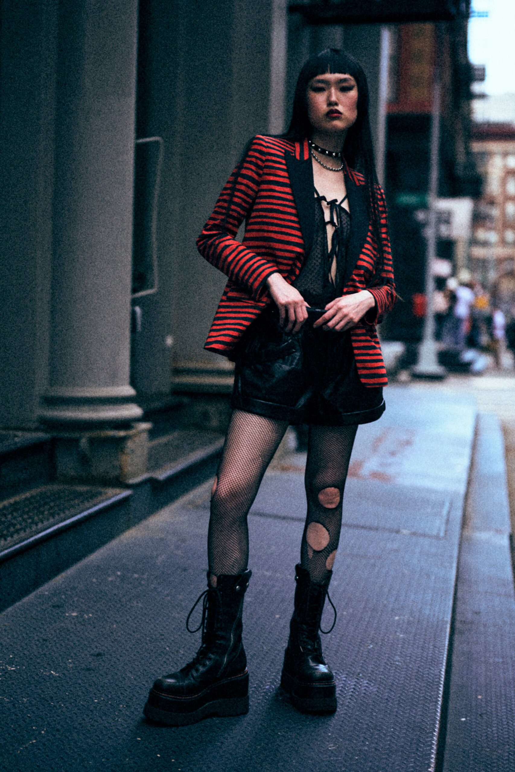 red cotton long-sleeve collared structured striped blazer