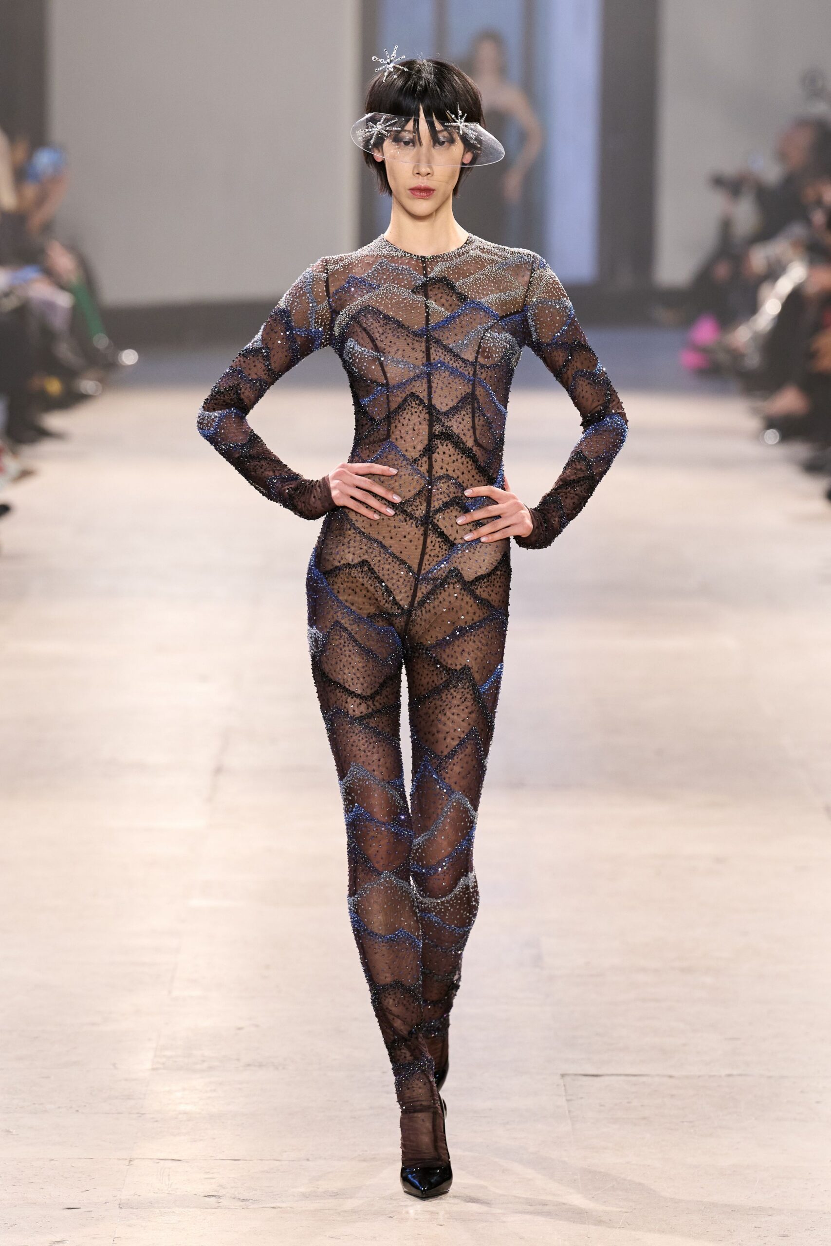 black mesh long-sleeve high-neck fitted zippered embroidered catsuit
