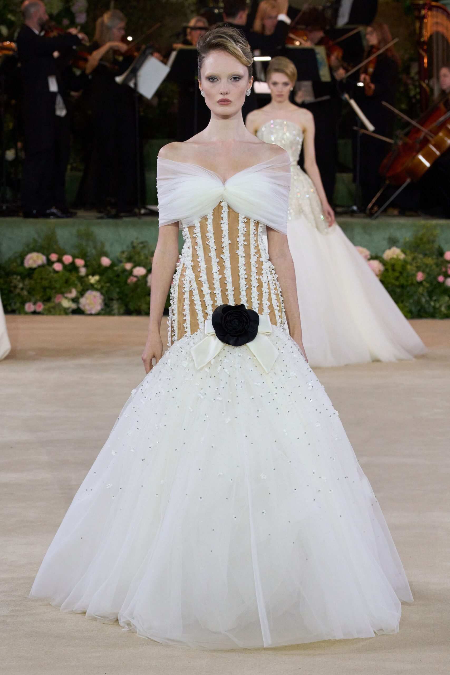 white off-shoulder embellished gown