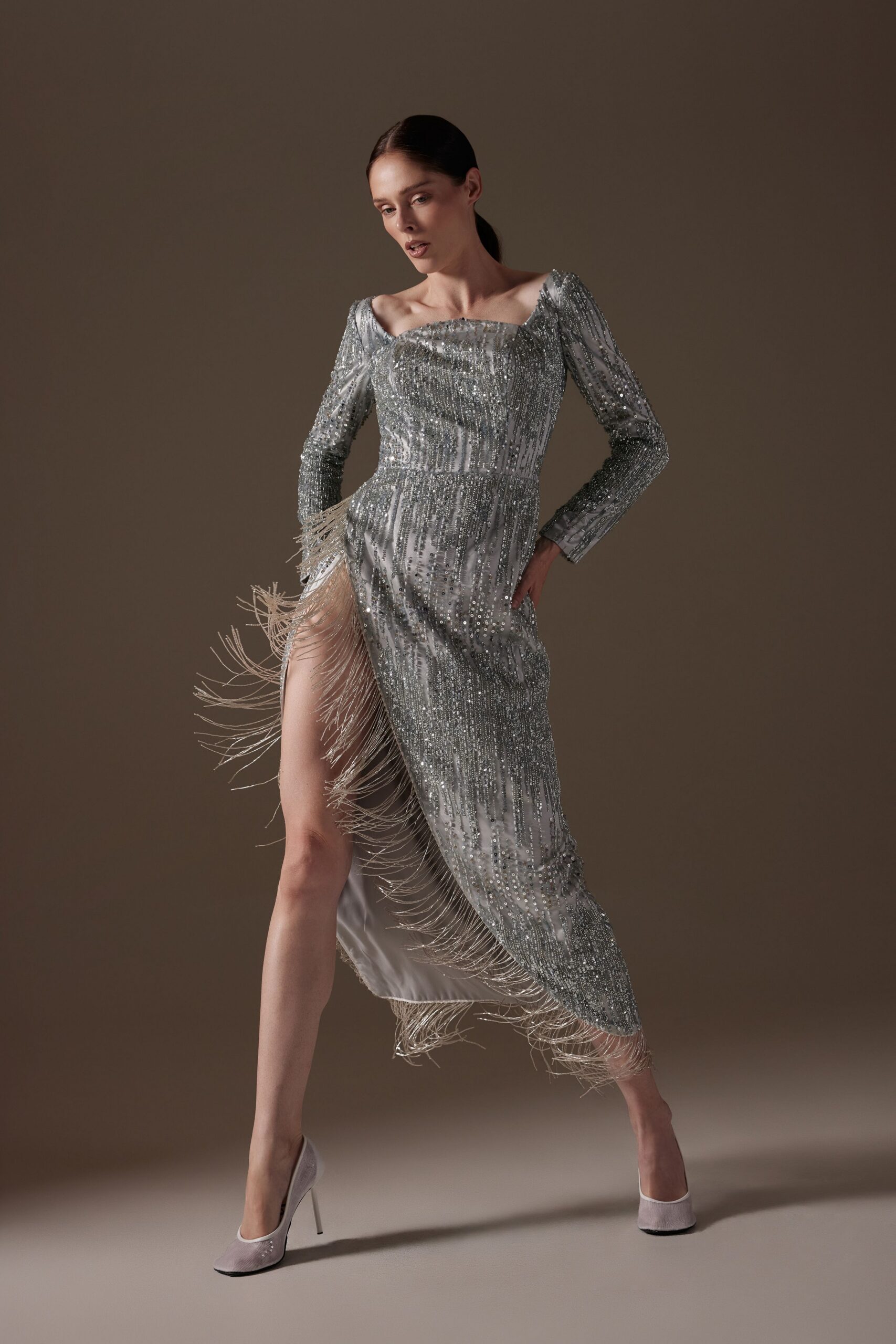 gray silk long-sleeve off-shoulder fitted sequined fringed gown