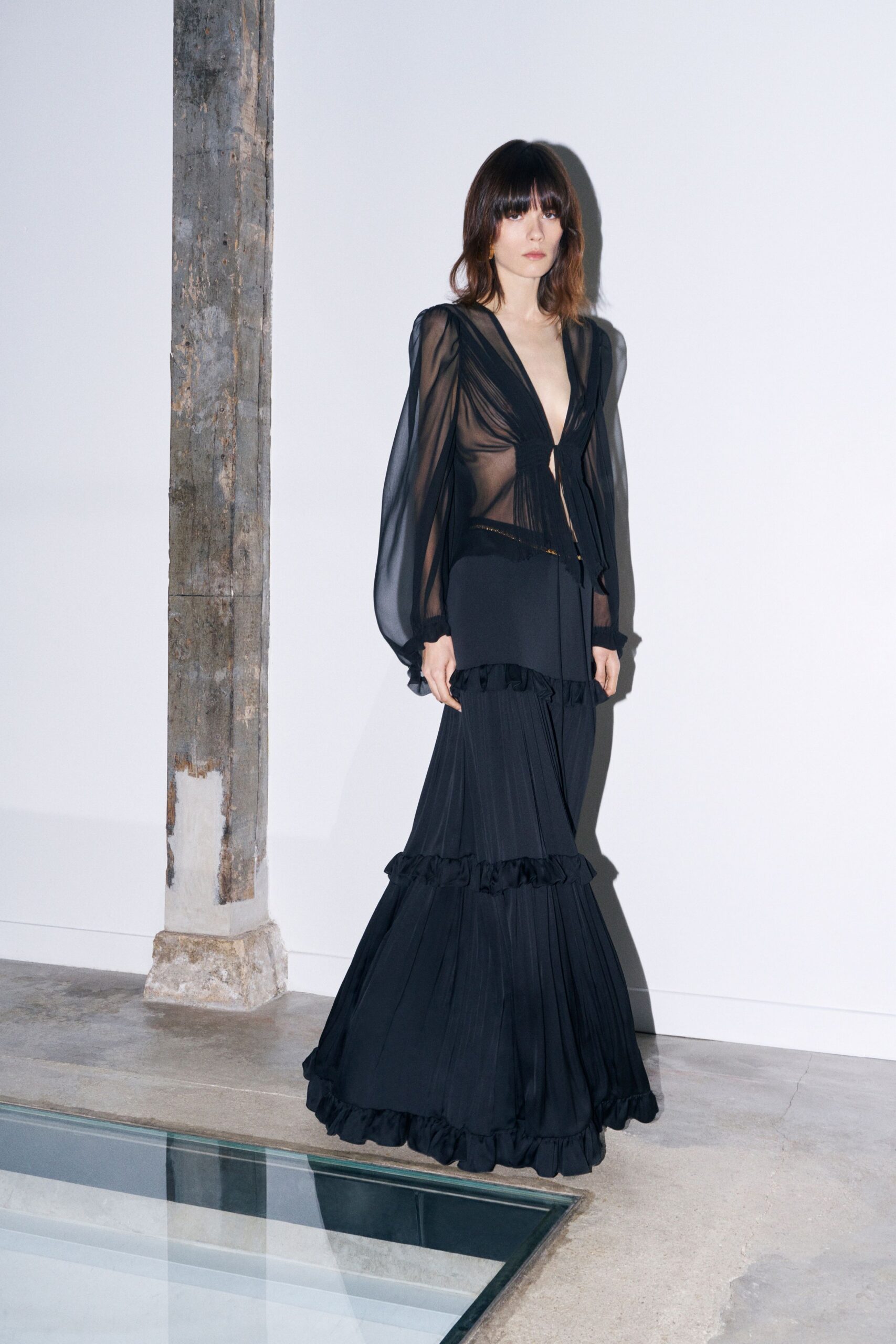 black silk long-sleeve v-neck fitted ruffled sheer blouse