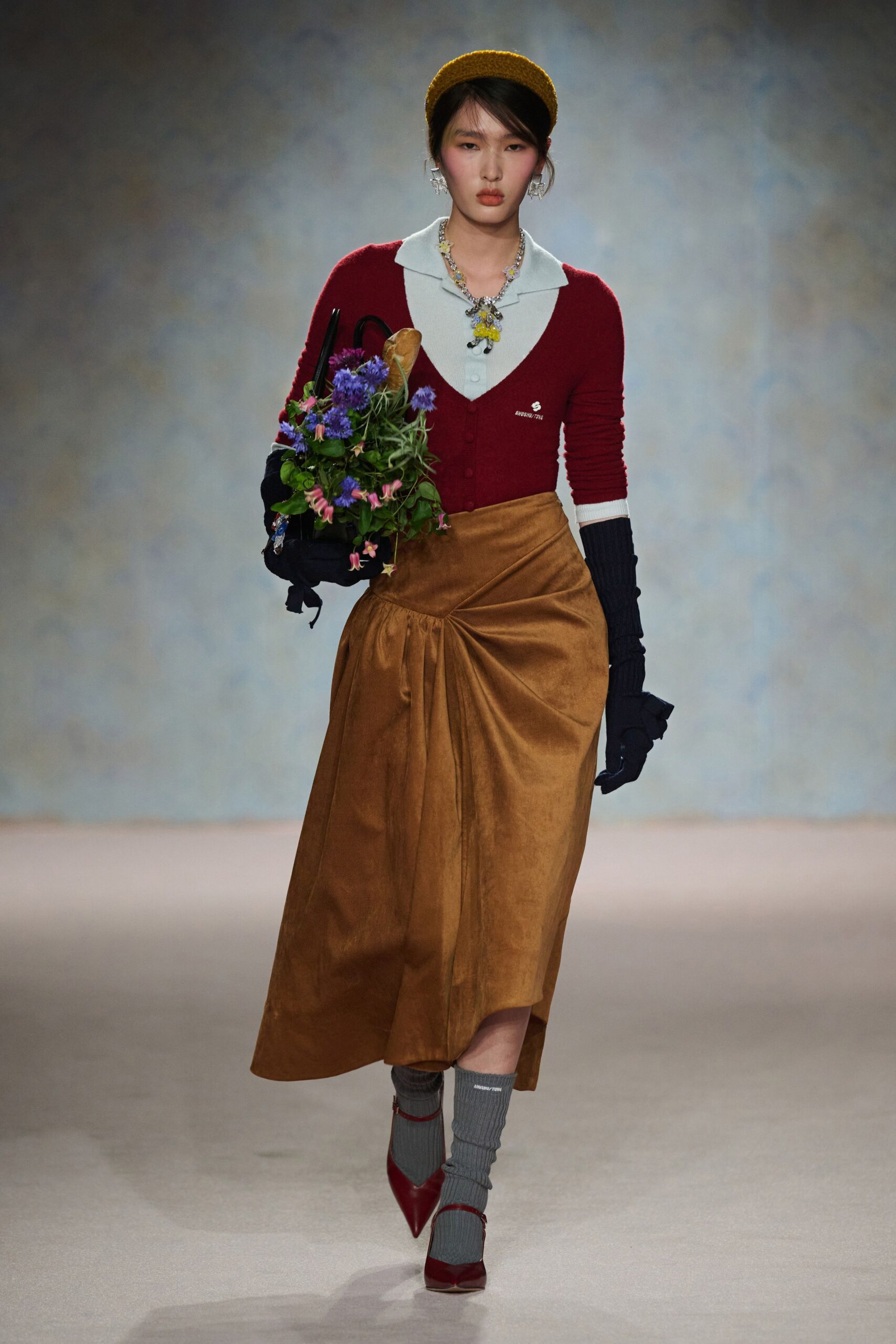 red cotton long-sleeve collared fitted buttoned cardigan