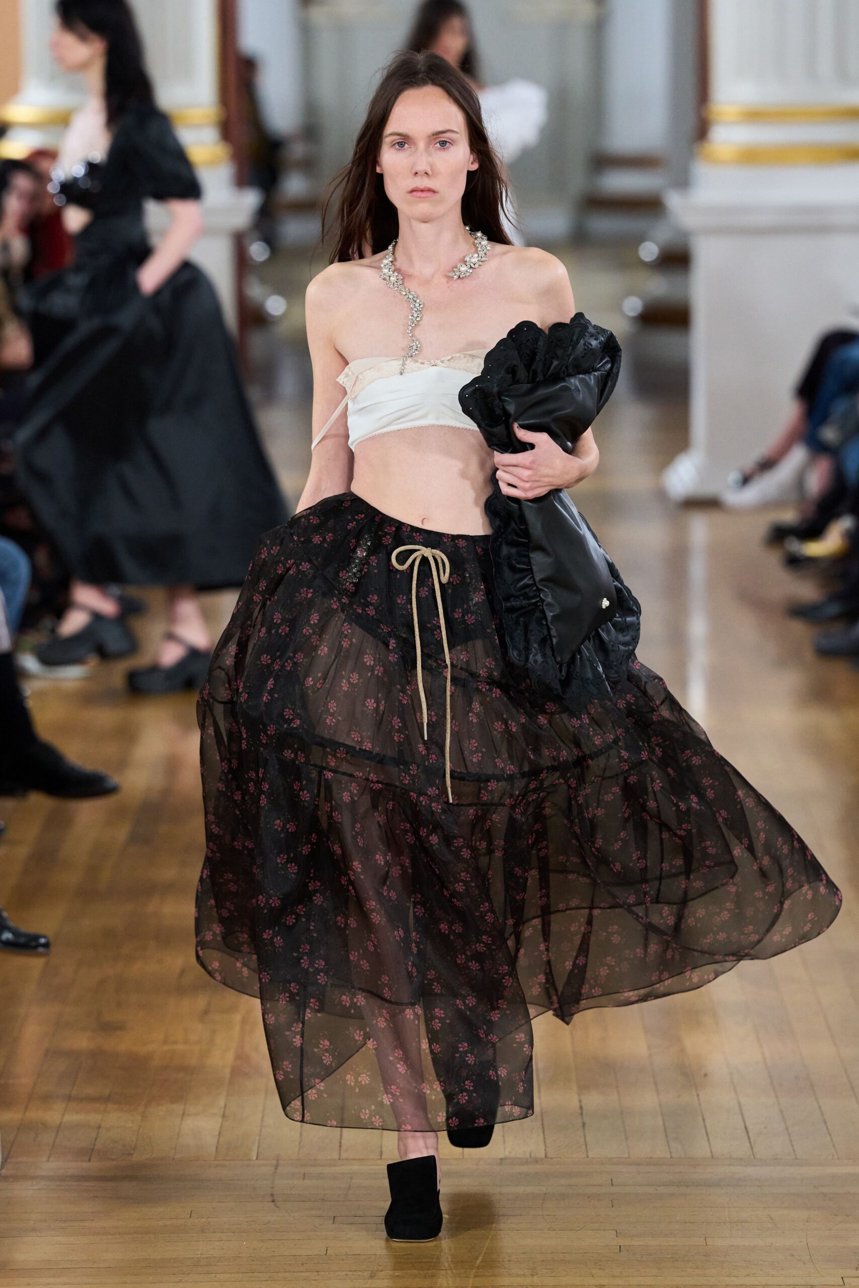 black chiffon relaxed high-waisted floral tiered flowing skirt