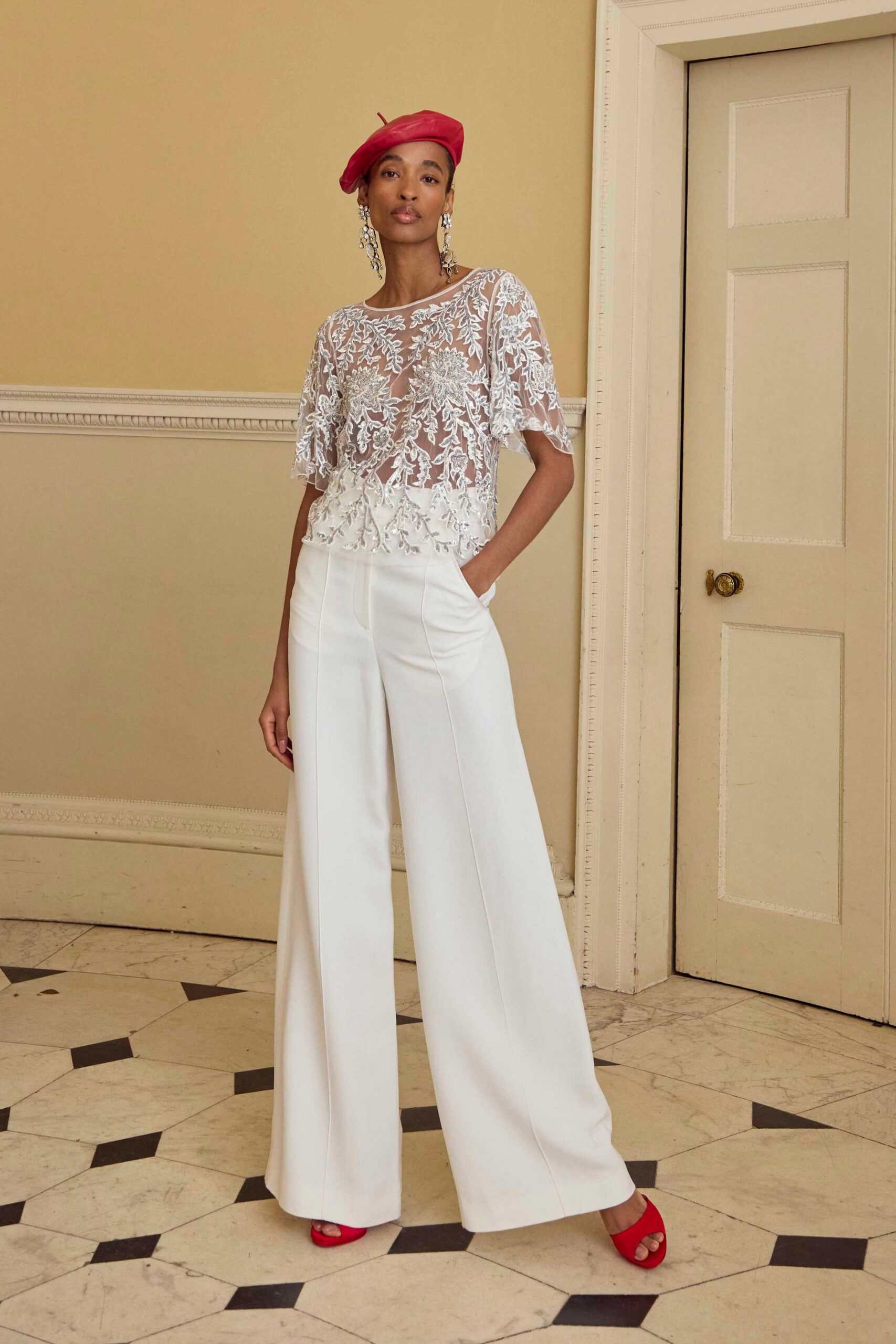 white lace short-sleeve high-neck relaxed embroidered top