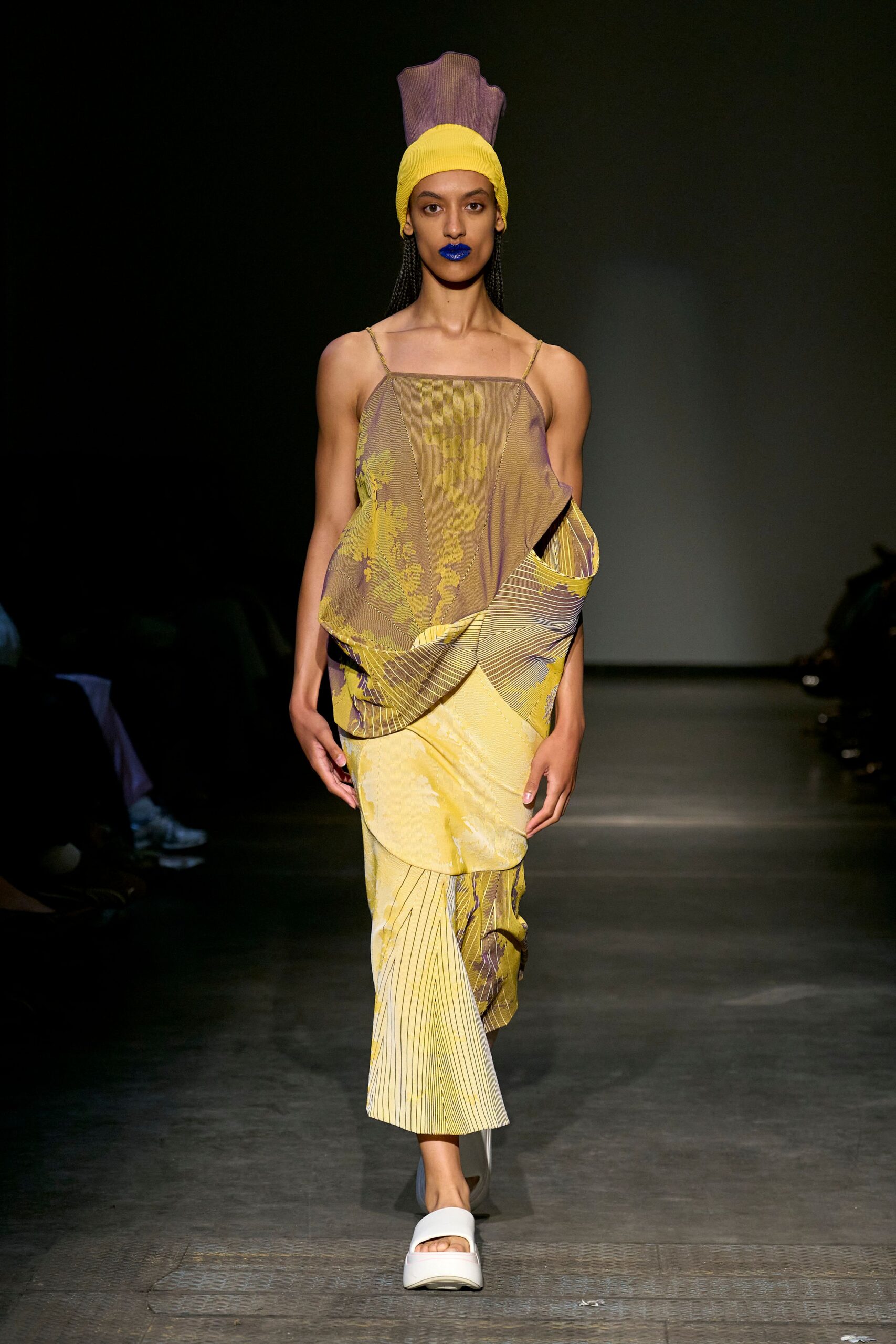 yellow silk sleeveless fitted draped layered midi dress