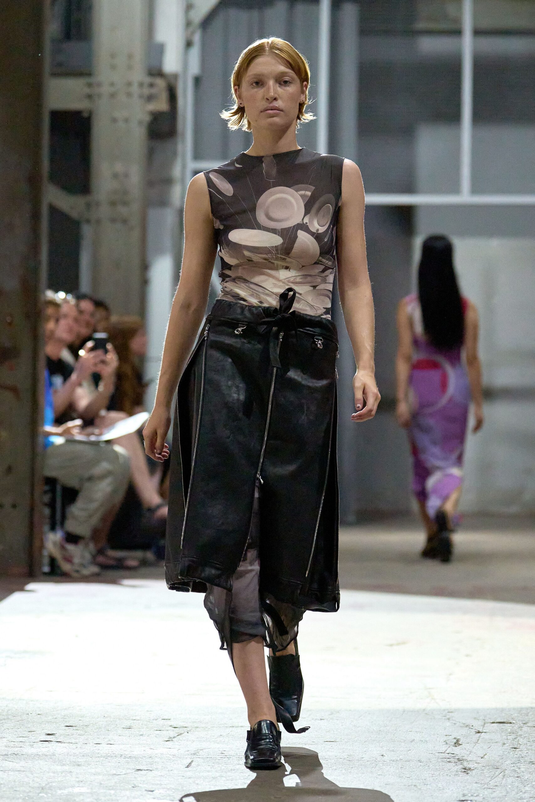 black leather sleeveless v-neck fitted layered draped dress