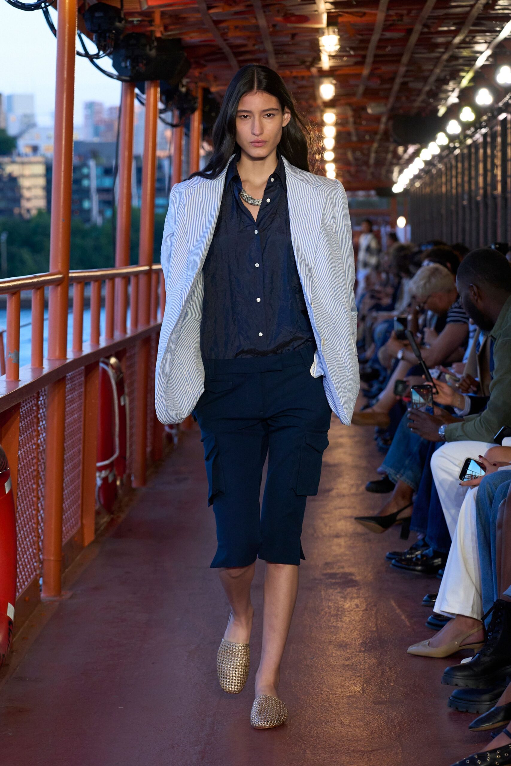blue cotton long-sleeve collared structured striped blazer
