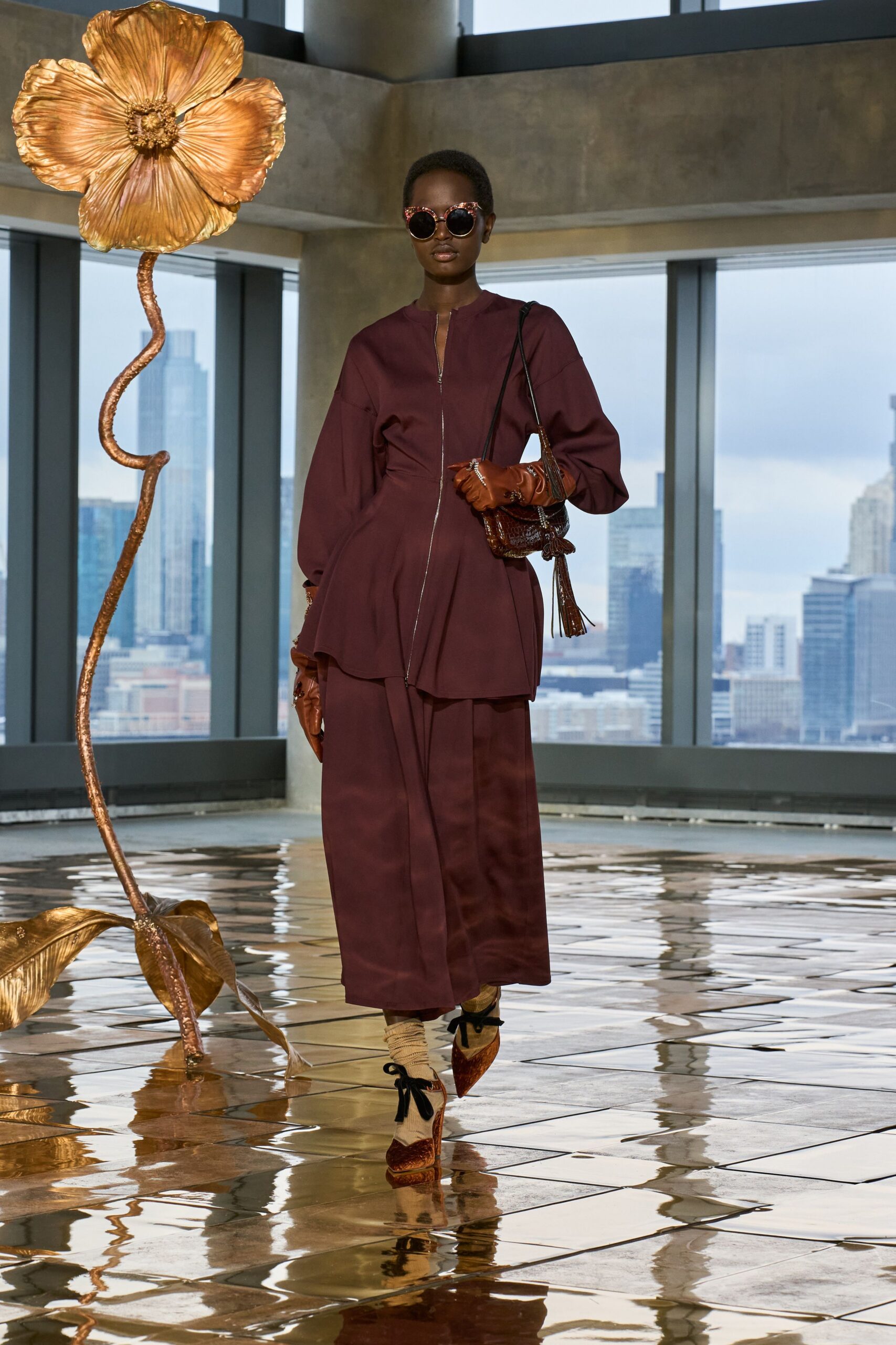 maroon silk long-sleeve relaxed zippered layered jacket