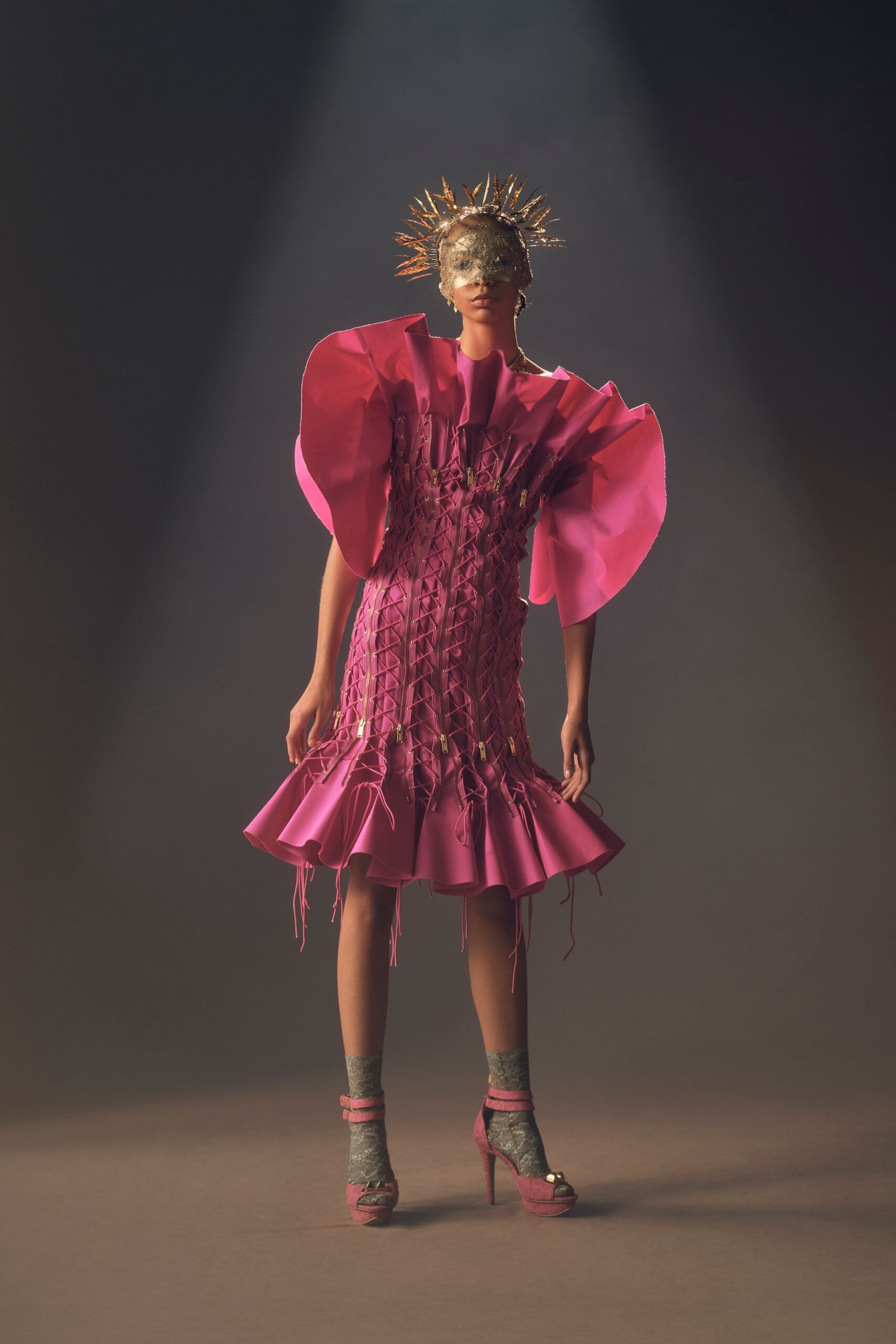 pink silk sleeveless high-neck fitted ruffled tiered dress