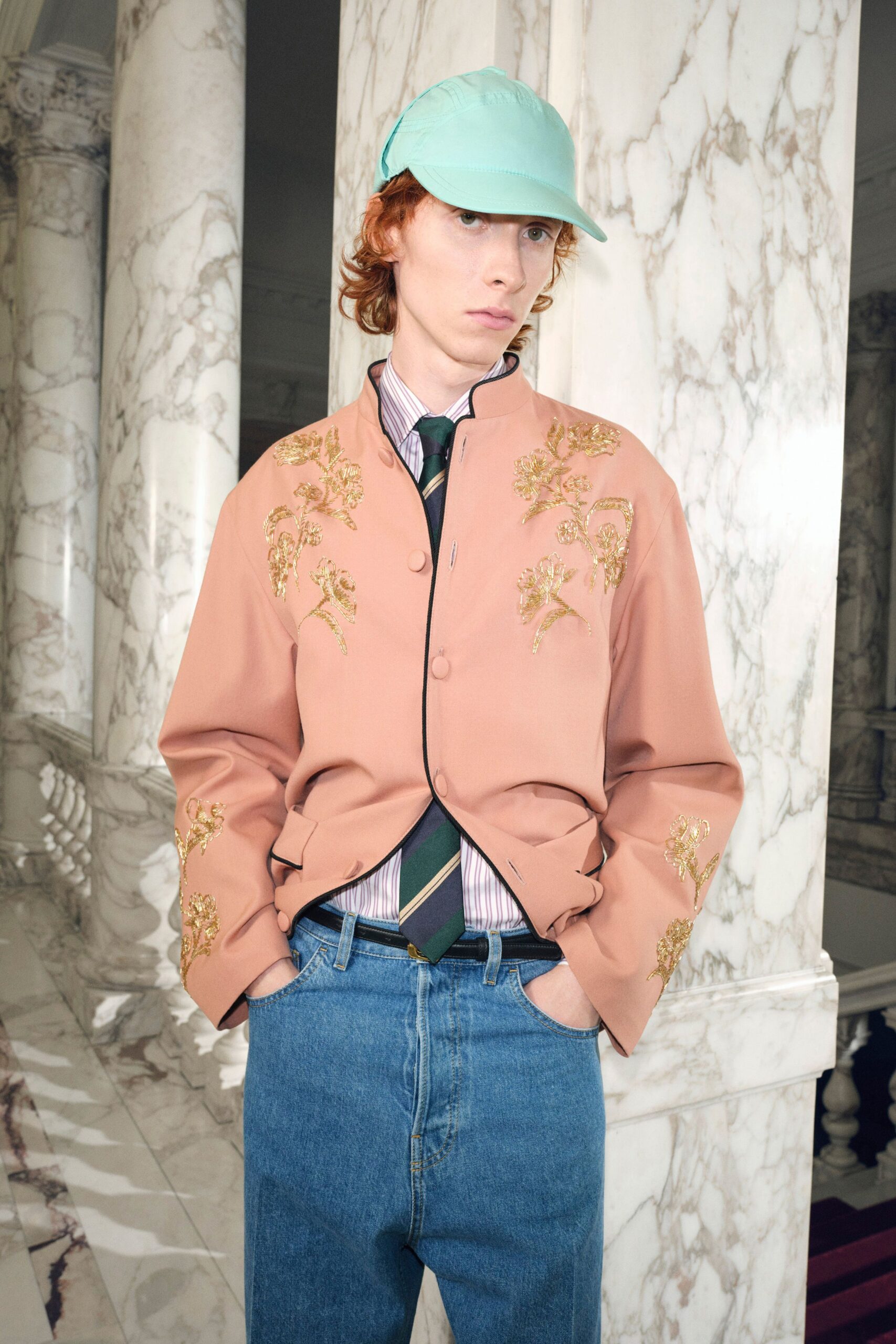 pink cotton long-sleeve collared relaxed embroidered jacket