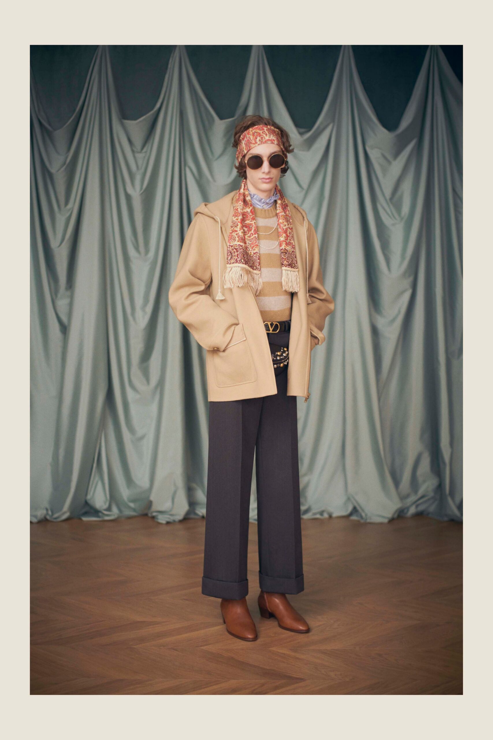 beige wool coat with brown top