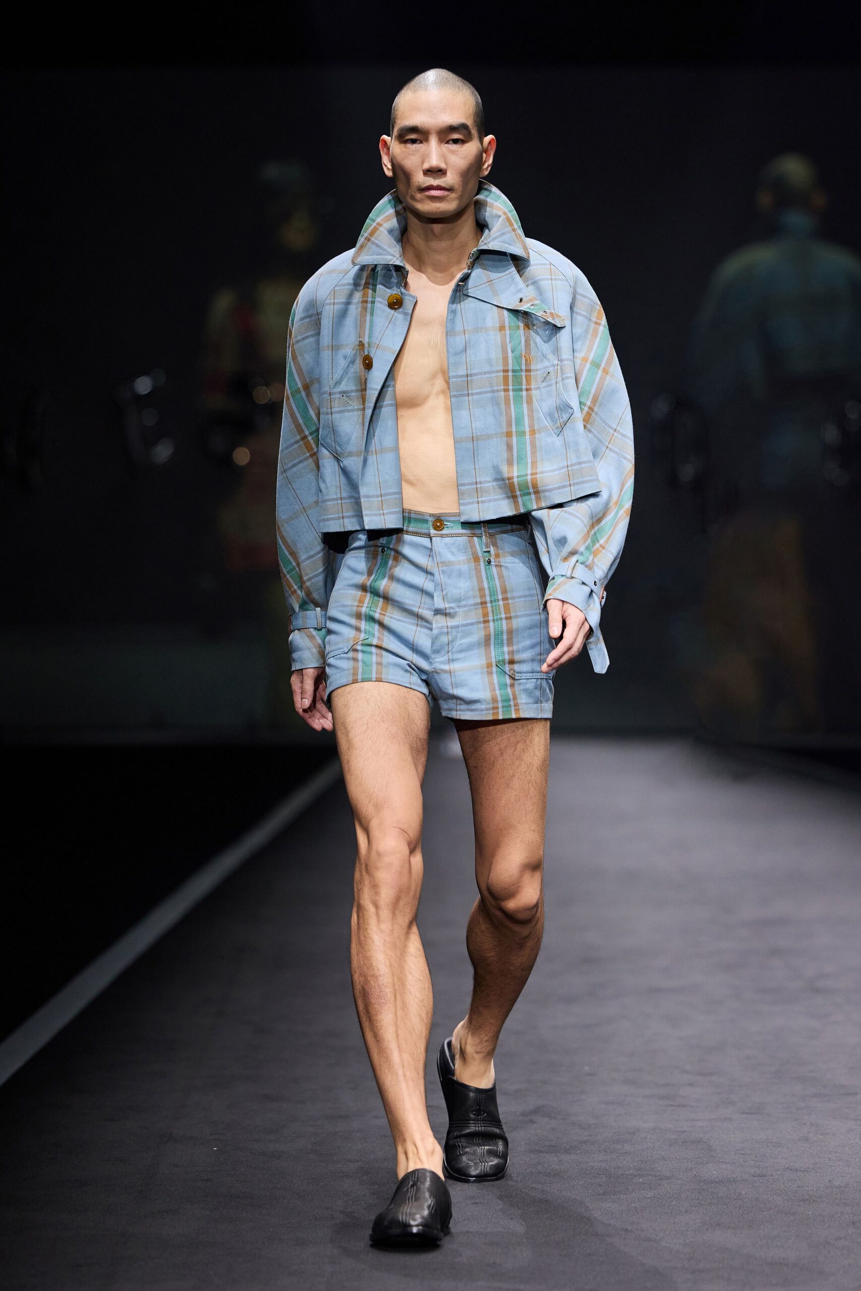 blue cotton long-sleeve collared fitted checked buttoned jacket