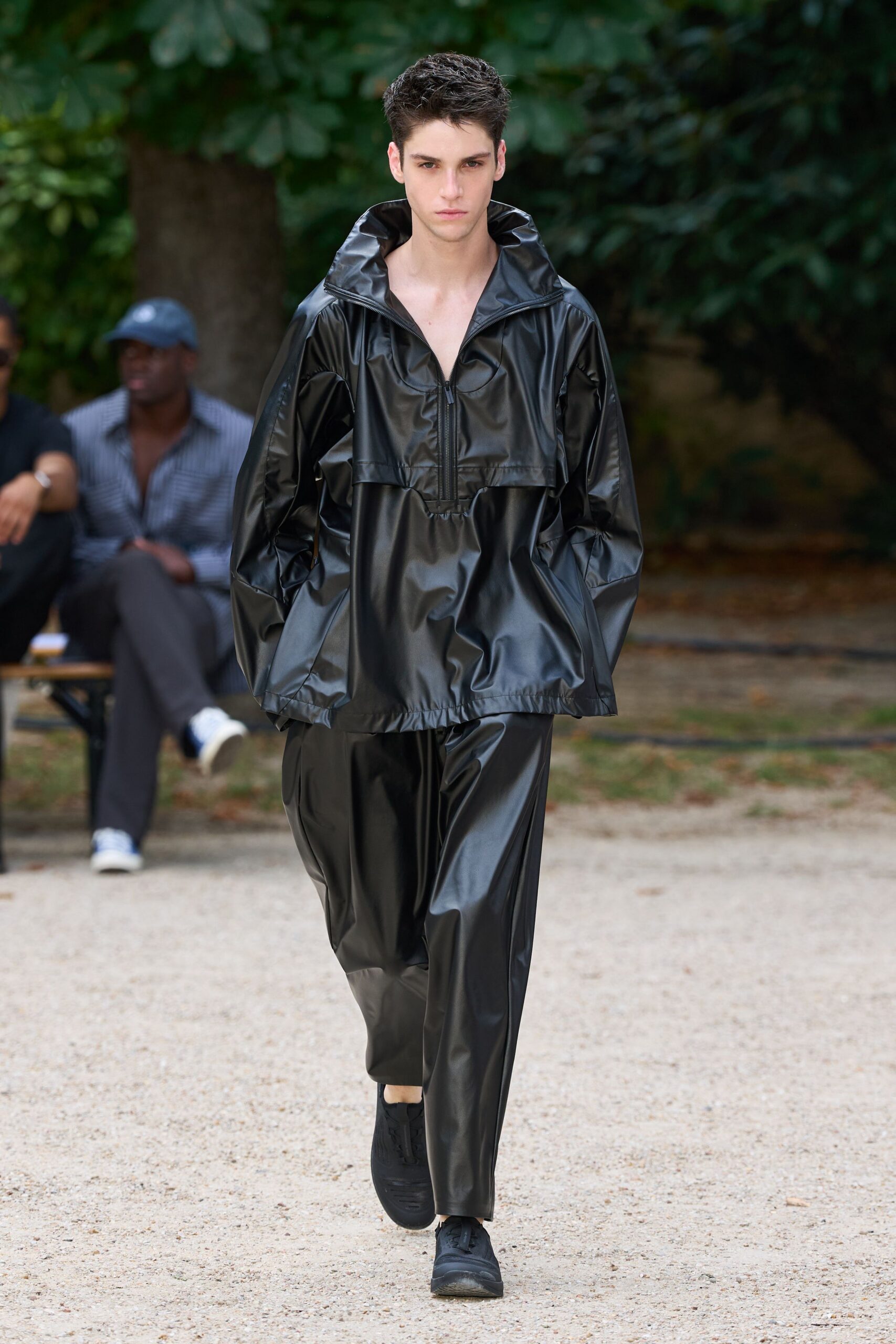 black vinyl relaxed jacket and pants