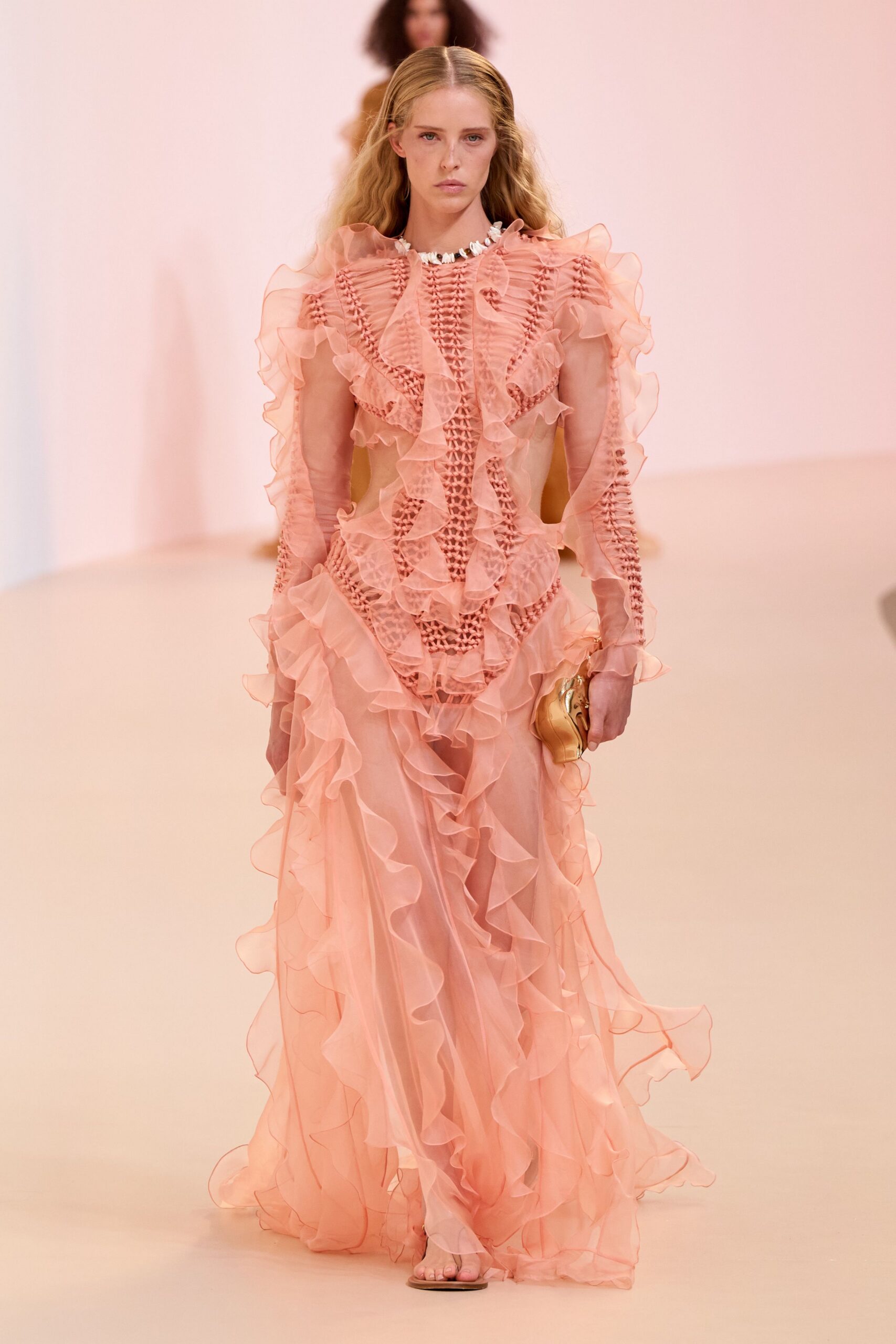 pink chiffon long-sleeve v-neck fitted ruffled layered gown