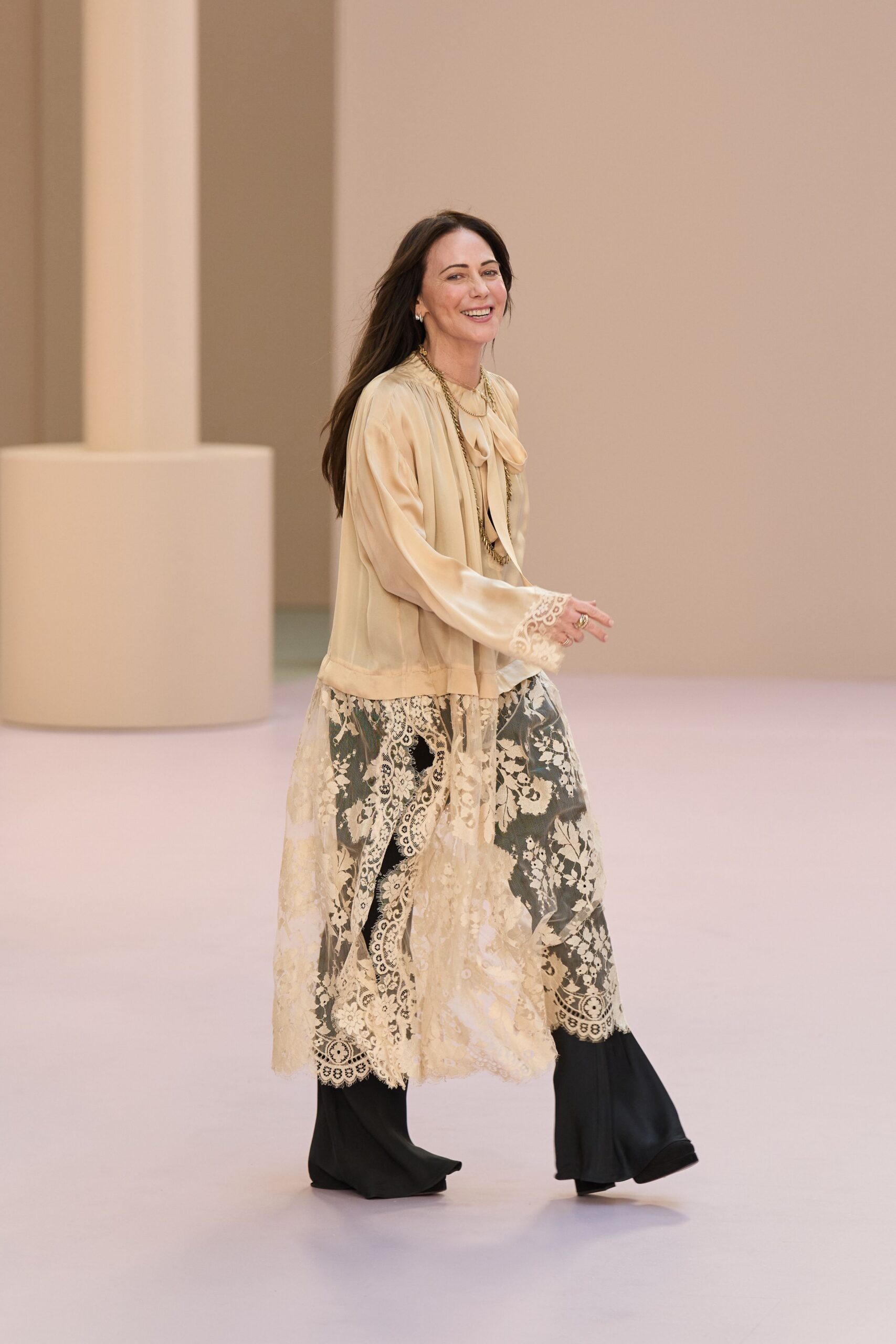 beige silk long-sleeve collared fitted layered embroidered dress