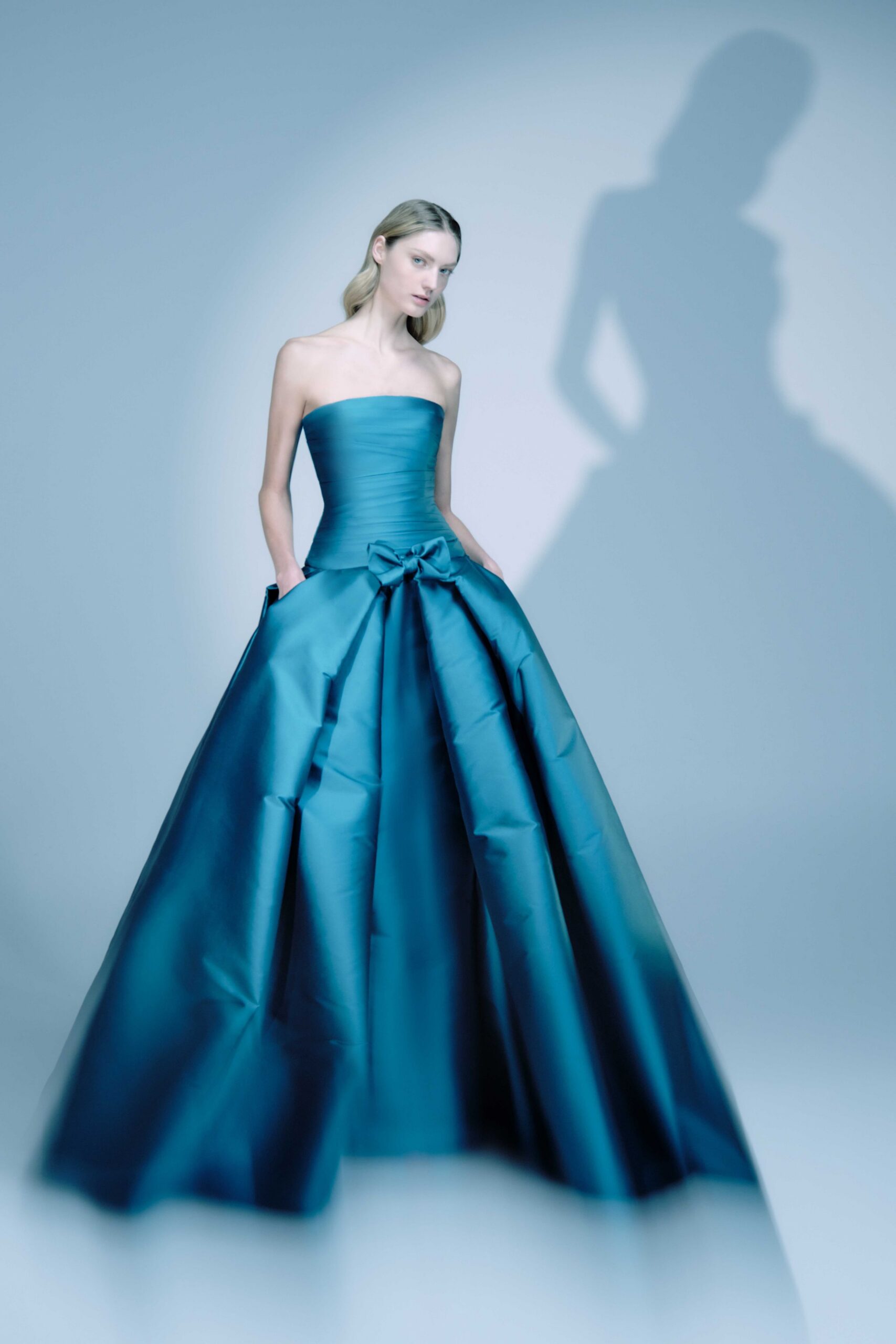 blue silk strapless gown