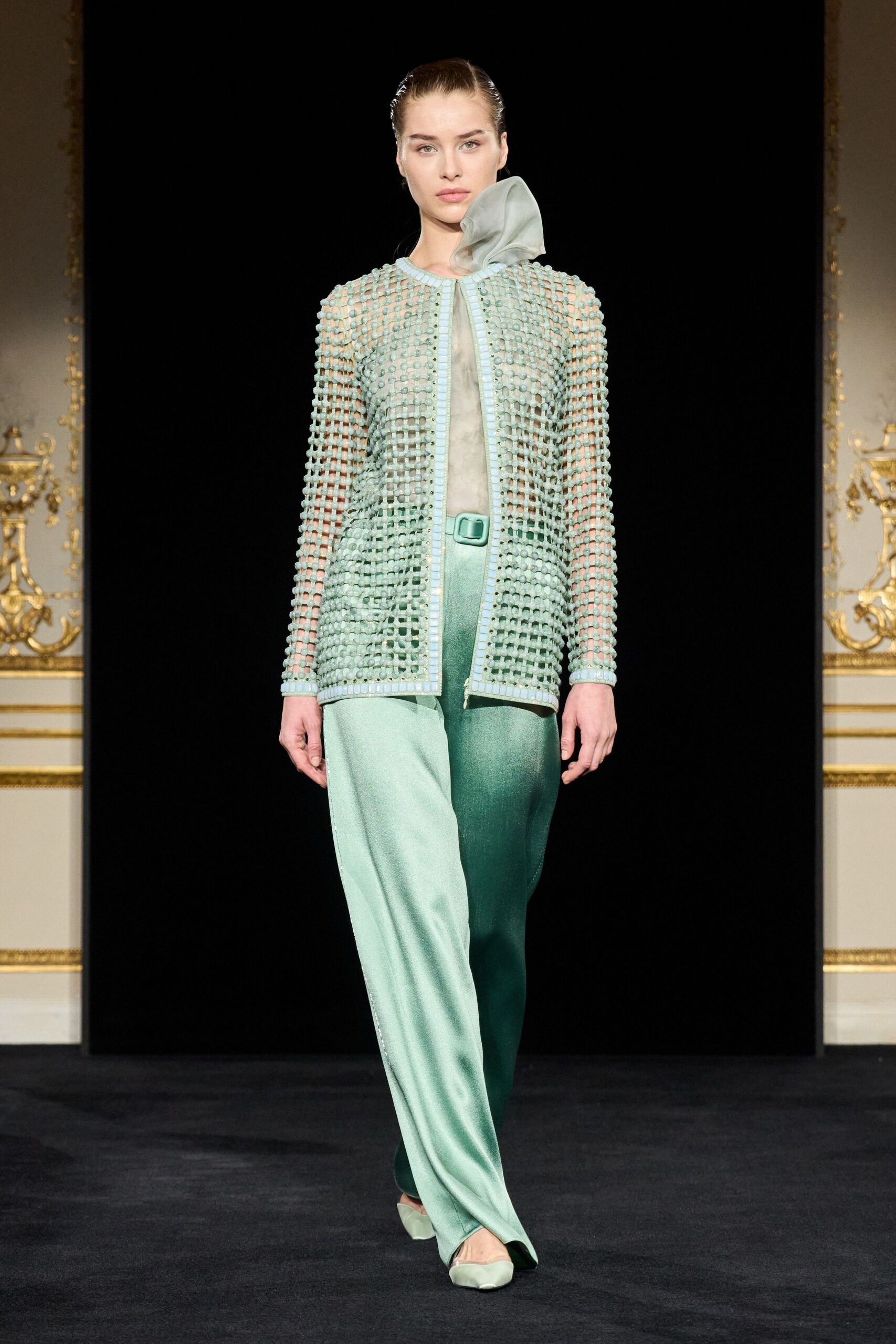 green silk long-sleeve collared fitted layered zippered jacket