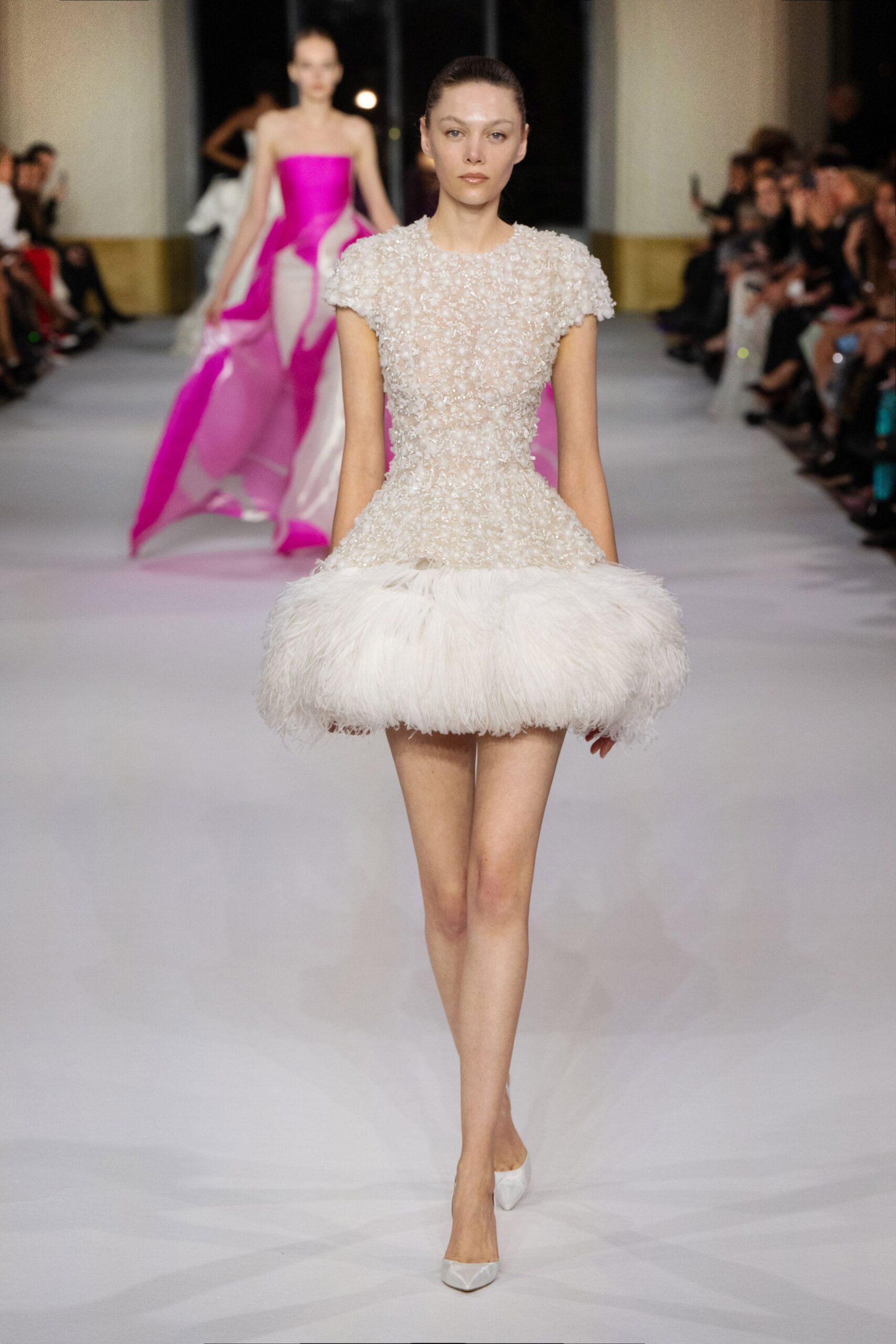 white silk sleeveless high-neck fitted pleated embellished dress
