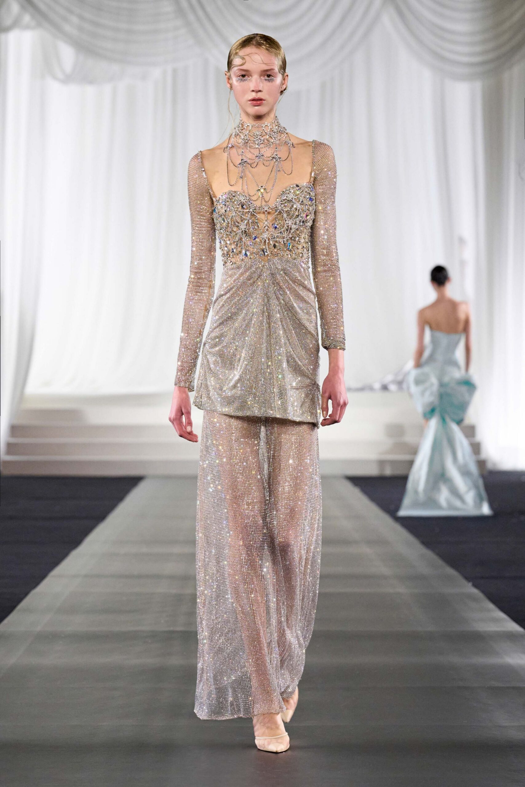 gray silk long-sleeve v-neck fitted embellished layered gown