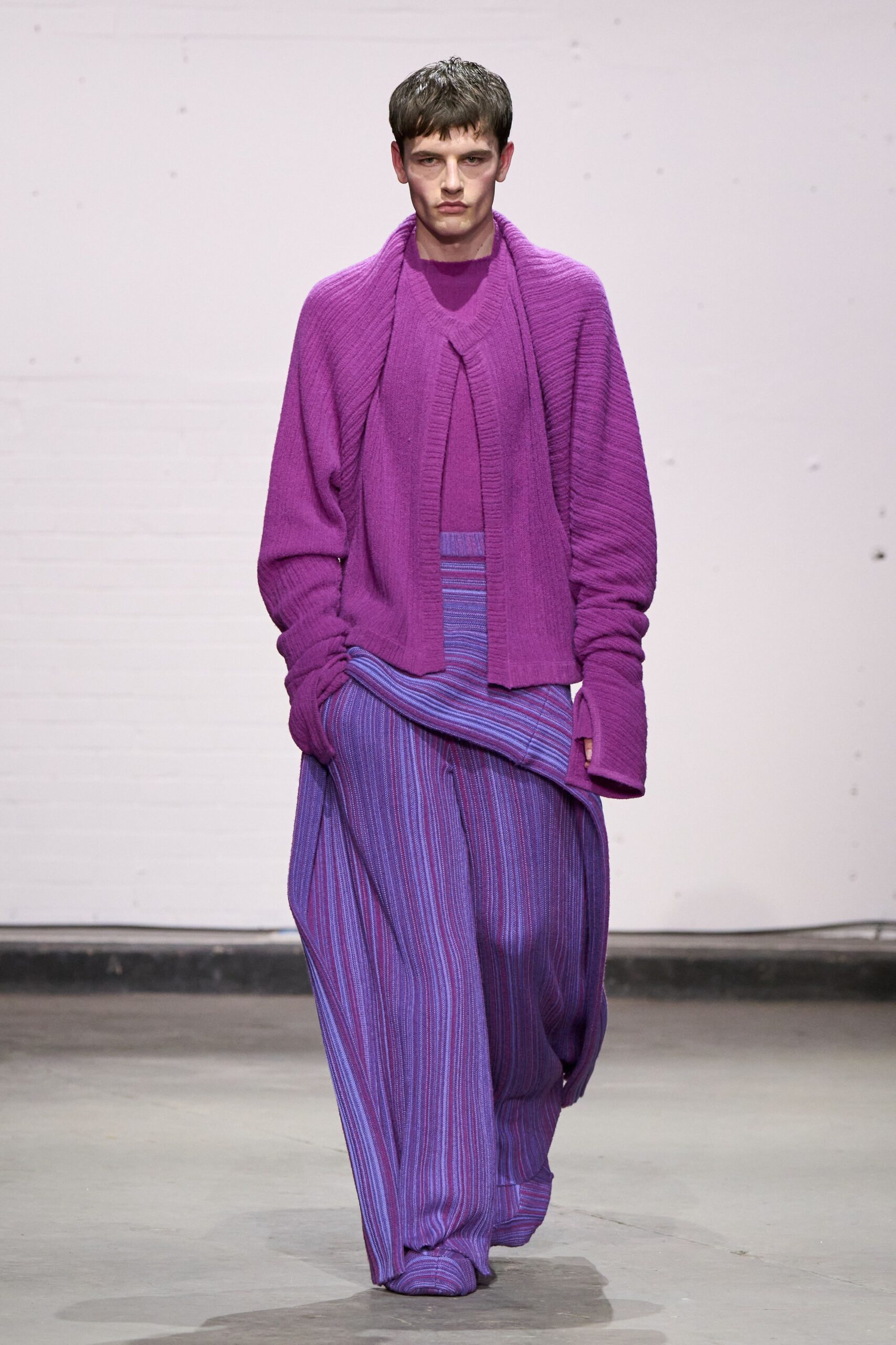 purple knit long-sleeve high-neck relaxed layered top