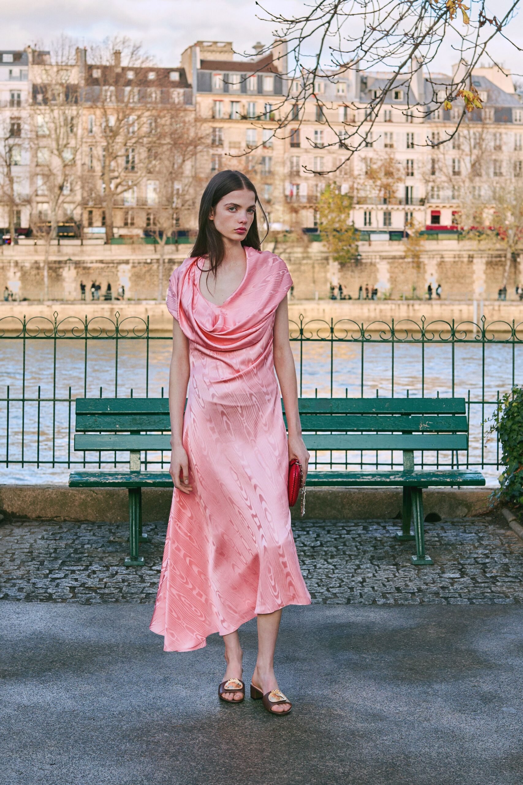 pink silk sleeveless v-neck relaxed draped flowing dress