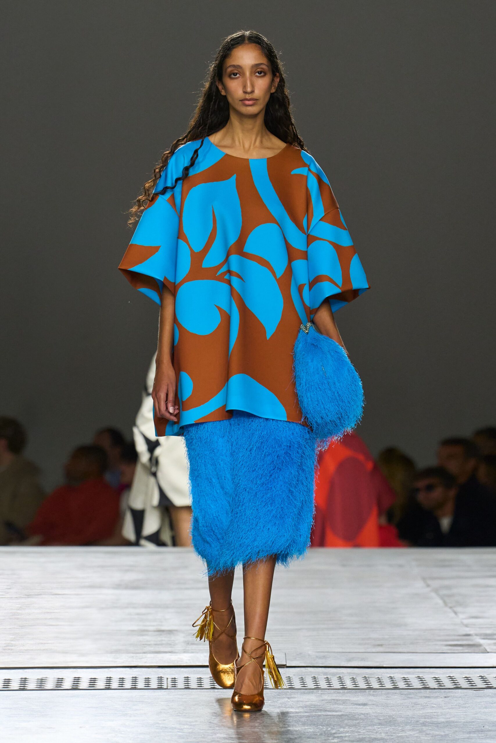blue printed top with fringed skirt