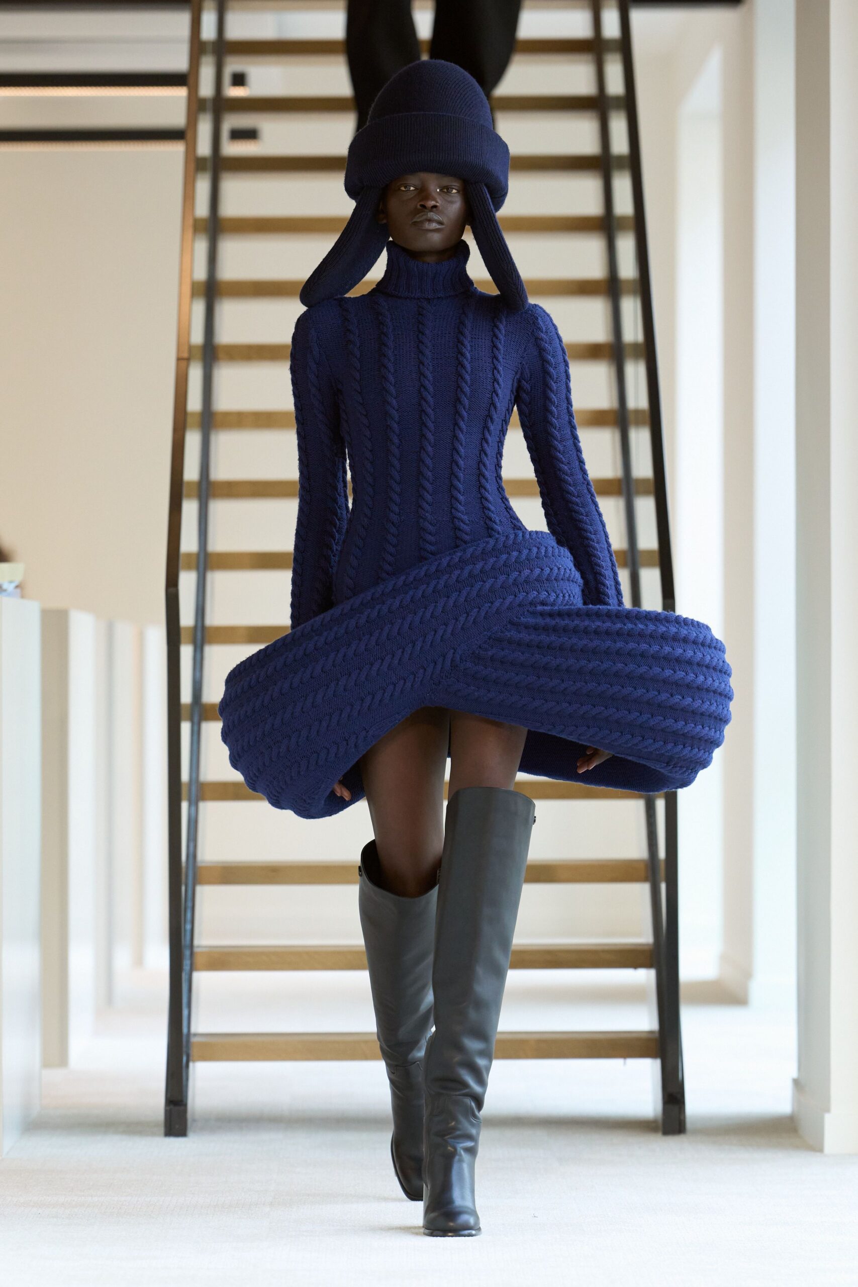 blue wool long-sleeve turtleneck fitted ribbed mini dress
