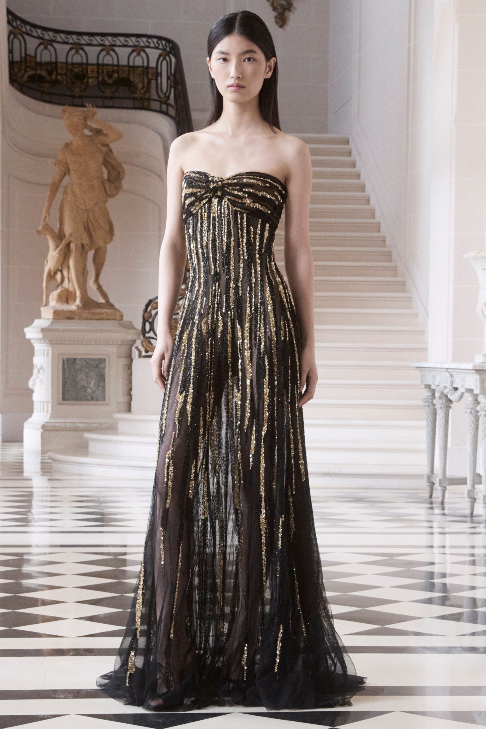 black gold sequined strapless gown