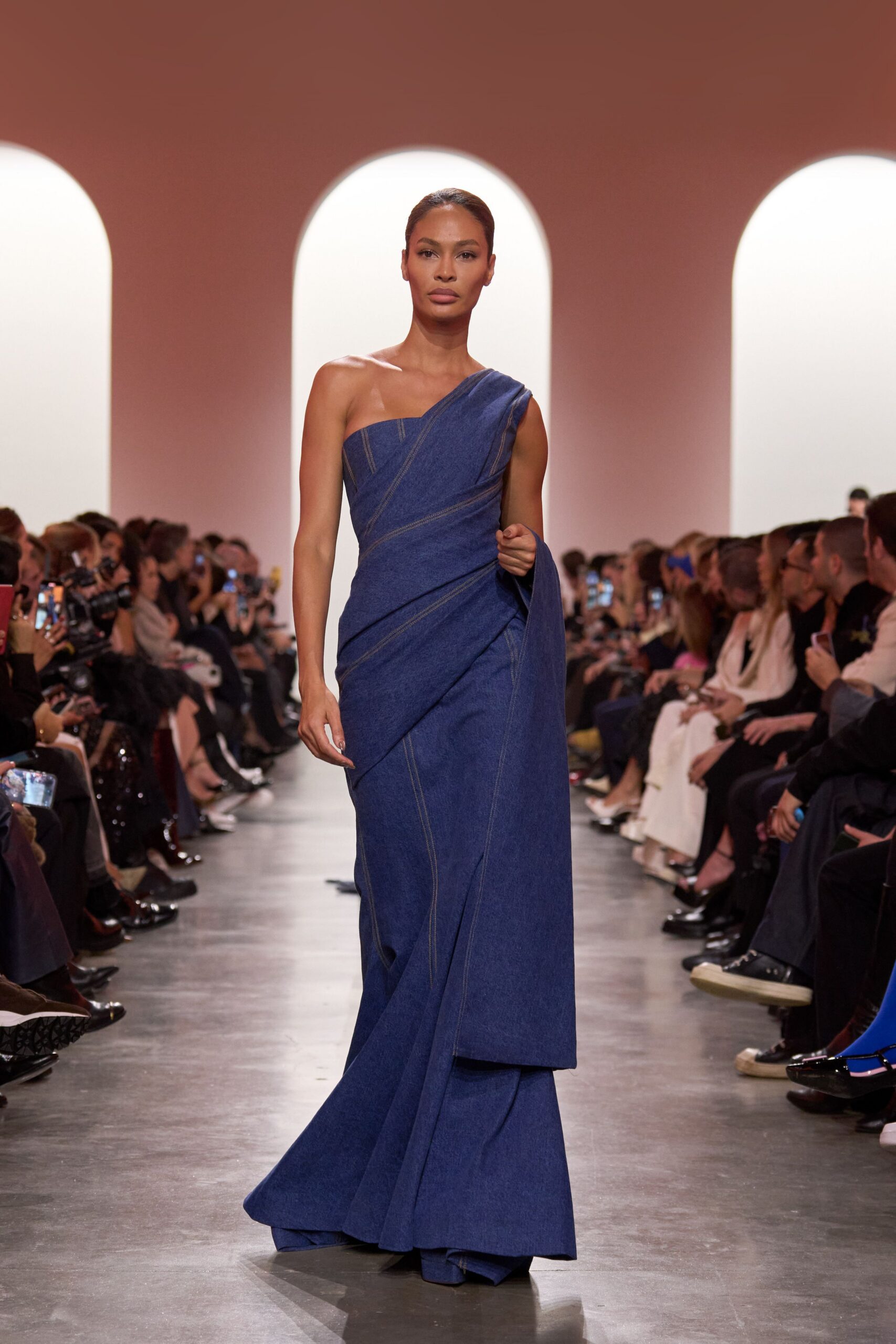 blue denim off-shoulder gown
