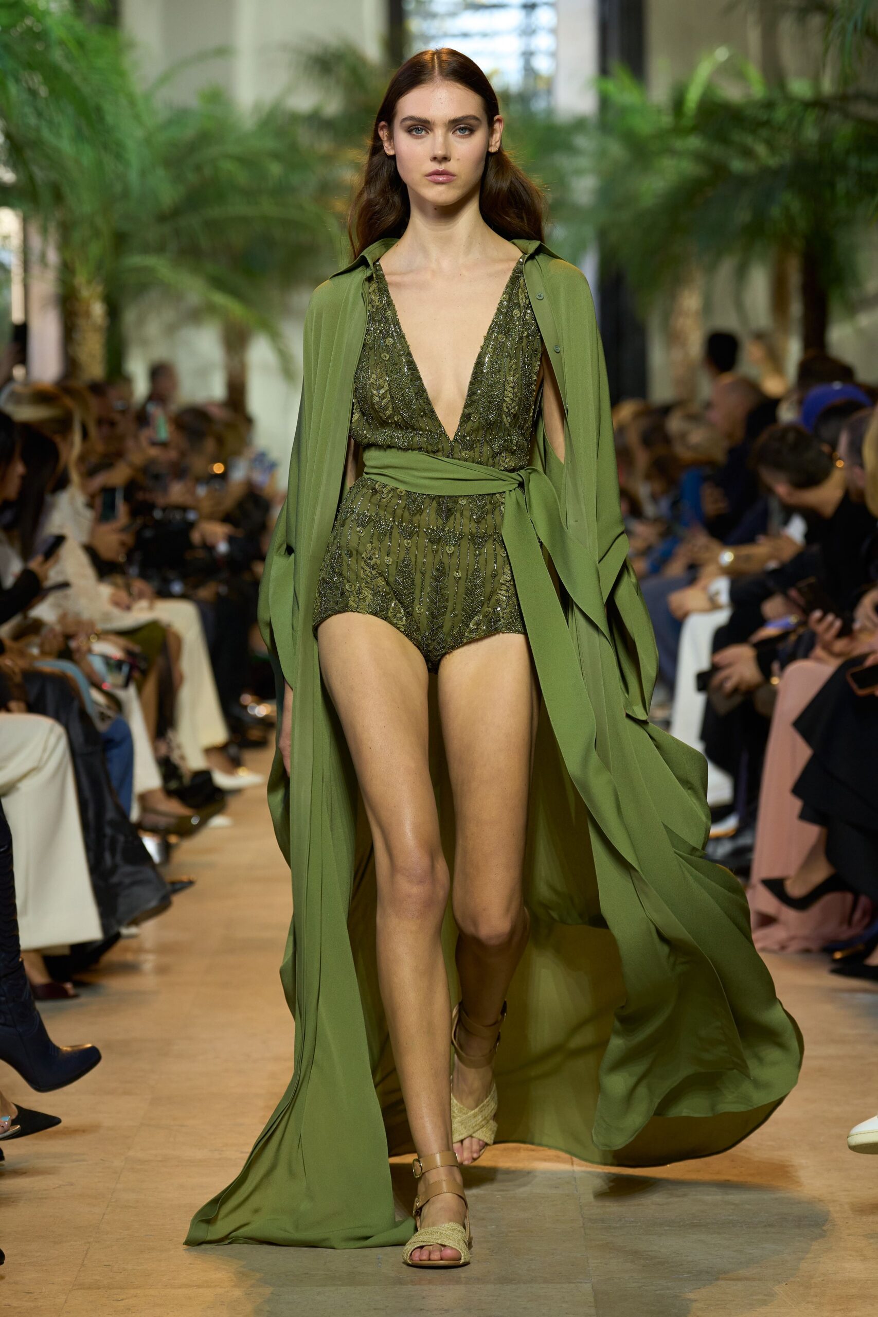green silk sleeveless v-neck fitted embroidered jumpsuit