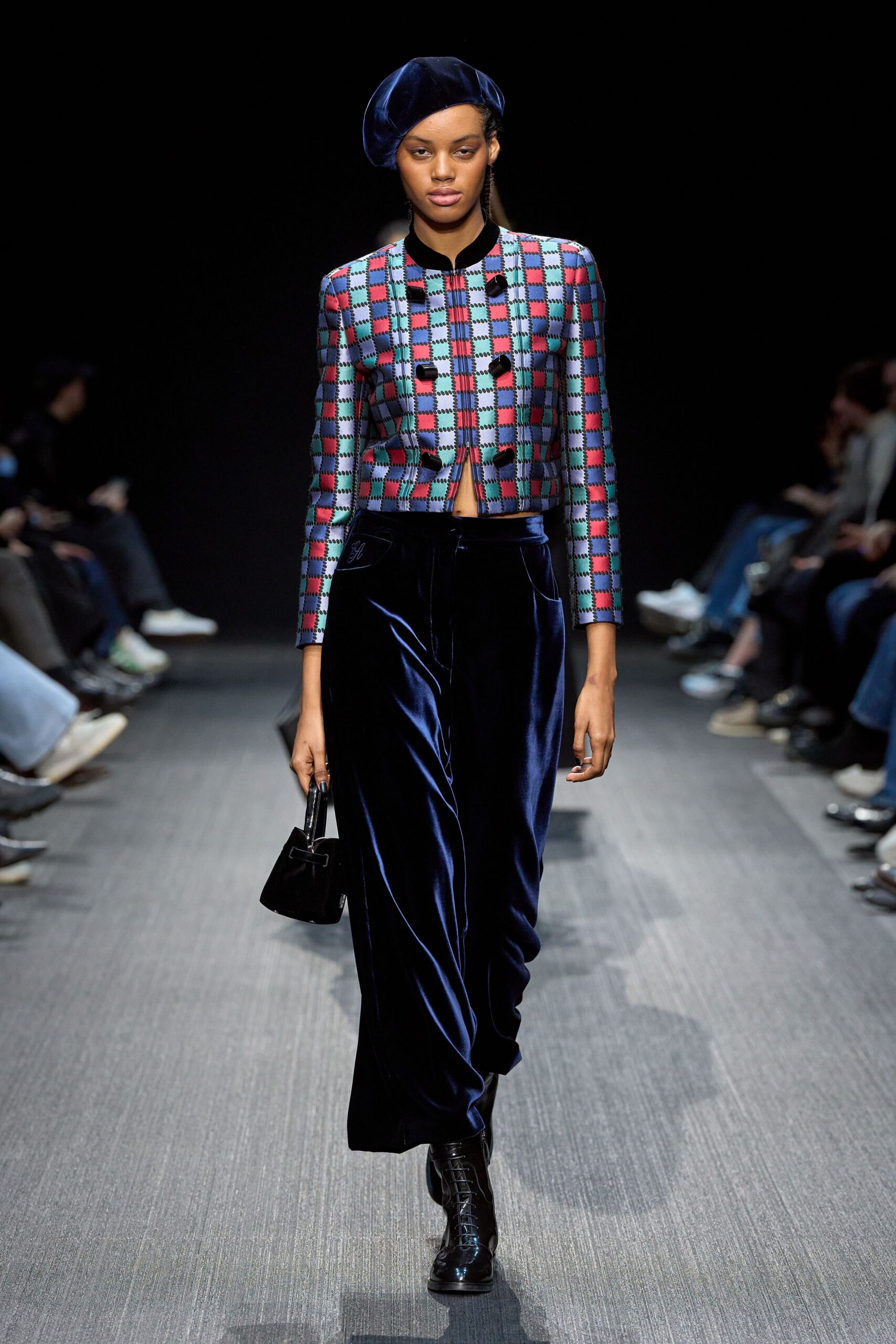 multi-colored fitted jacket with relaxed pants