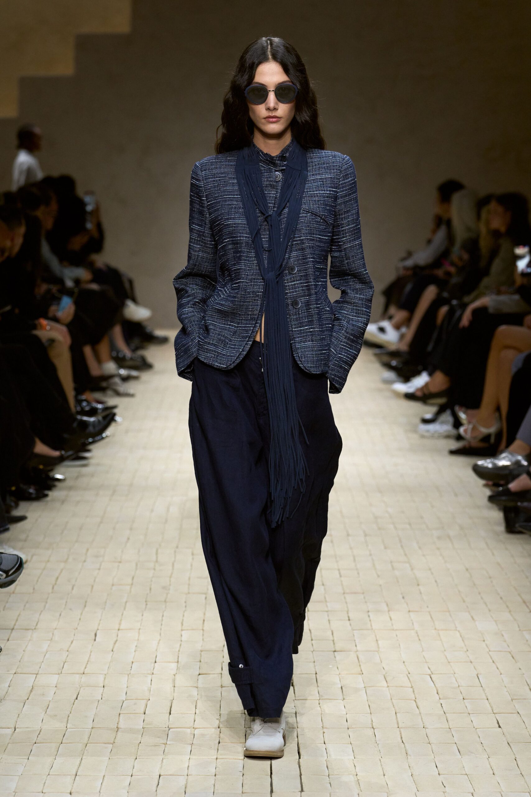 blue checked blazer with relaxed pants