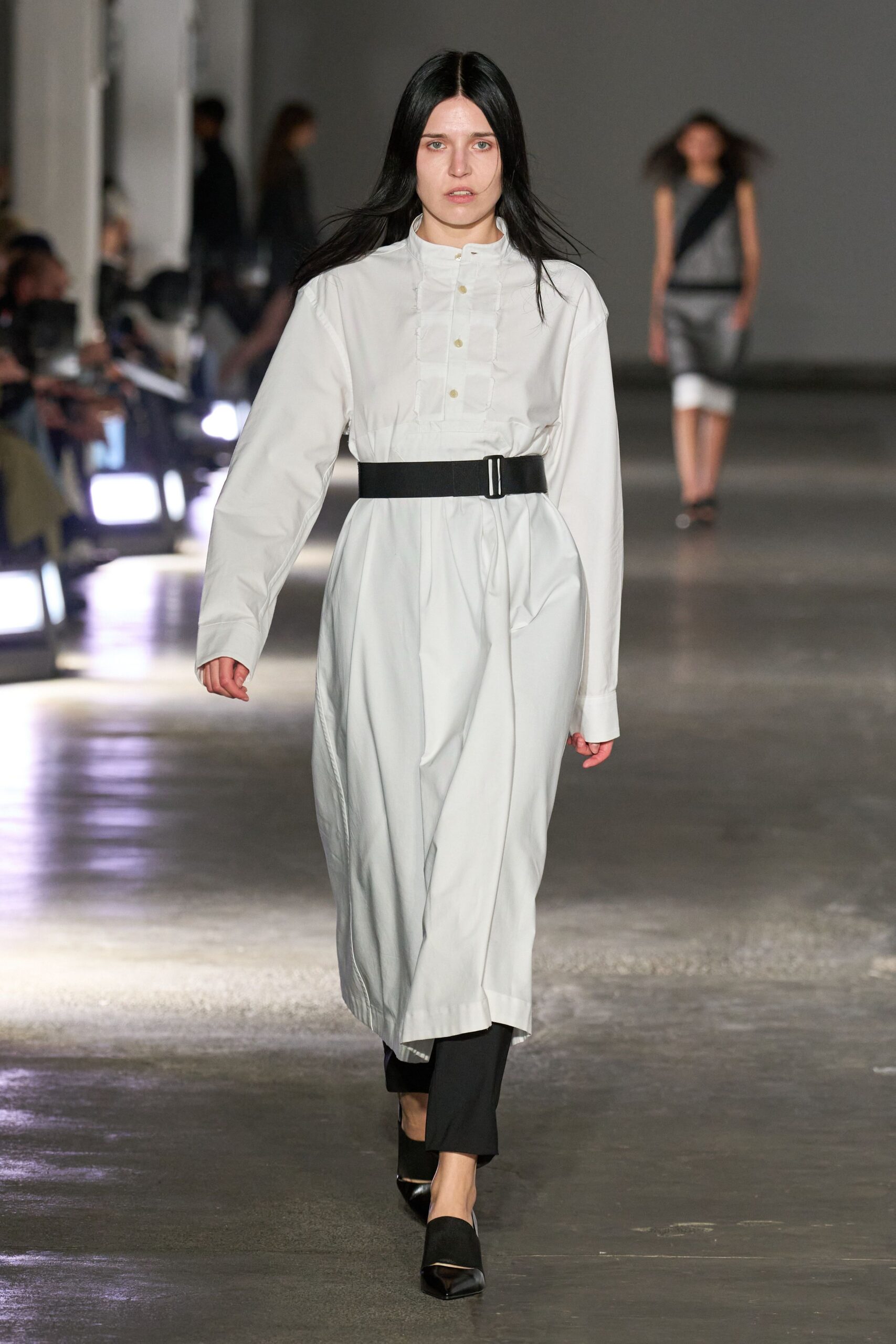 white cotton long-sleeve collared relaxed buttoned belted shirt-dress