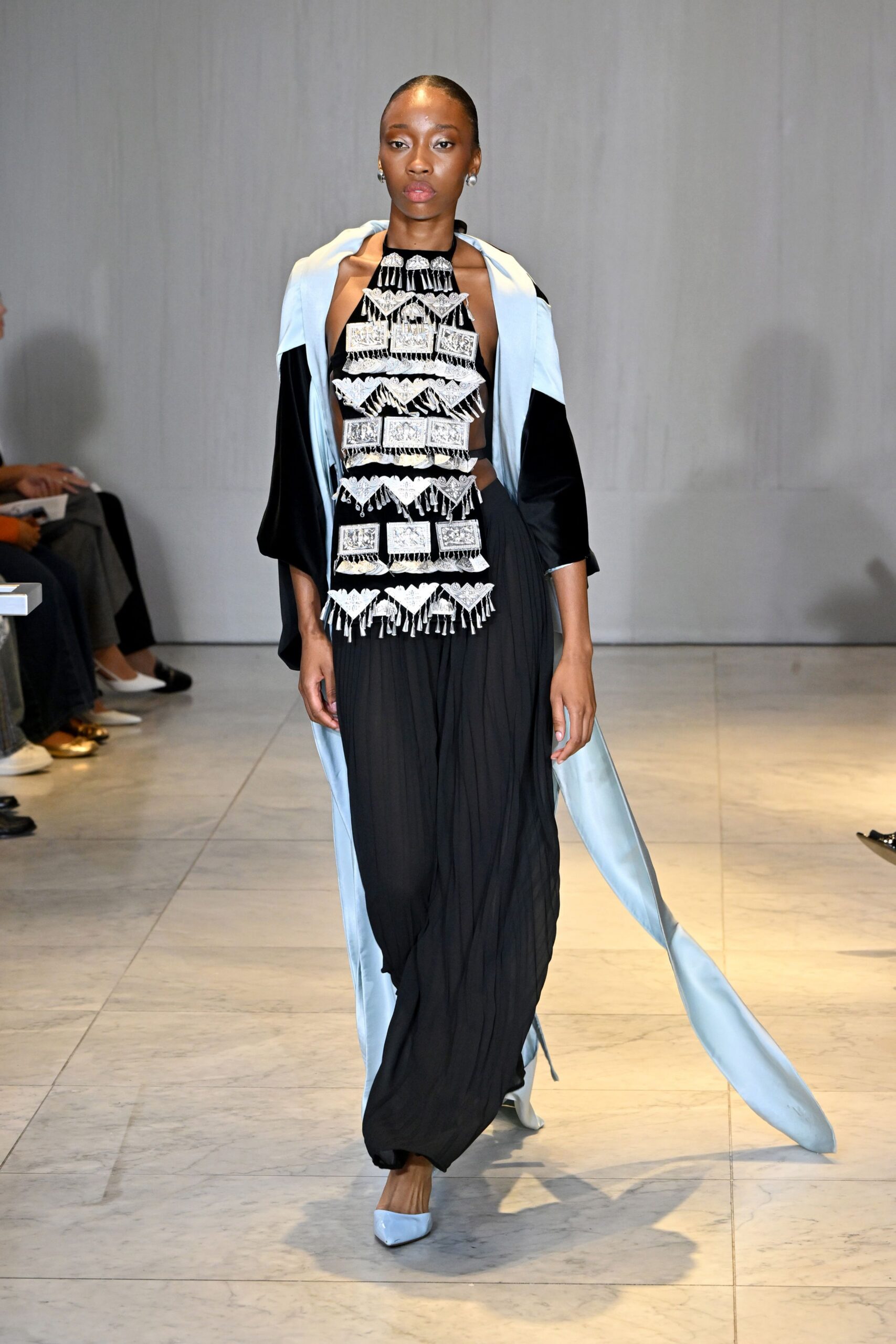 blue silk long-sleeve relaxed draped coat