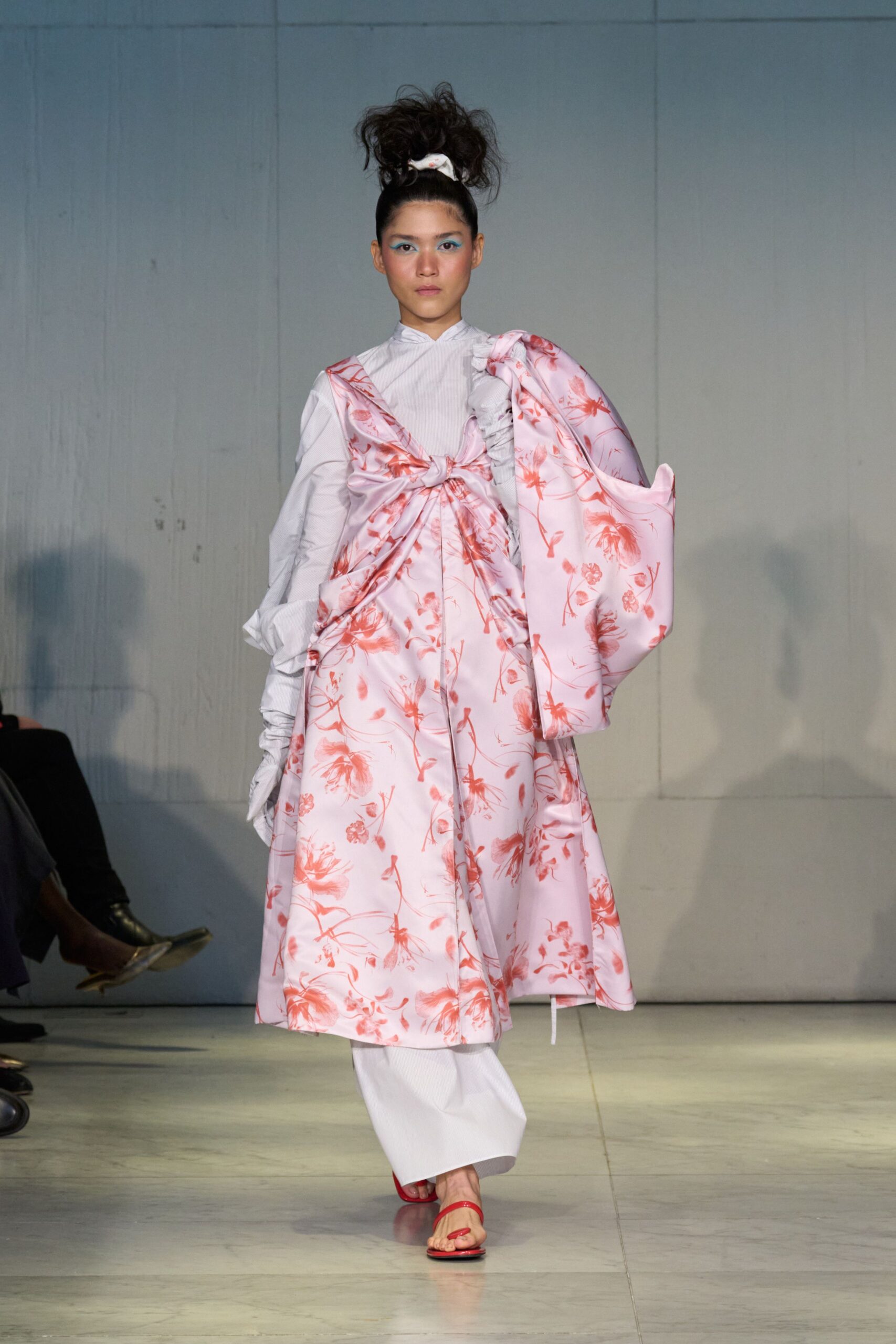 pink floral maxi dress with white pants