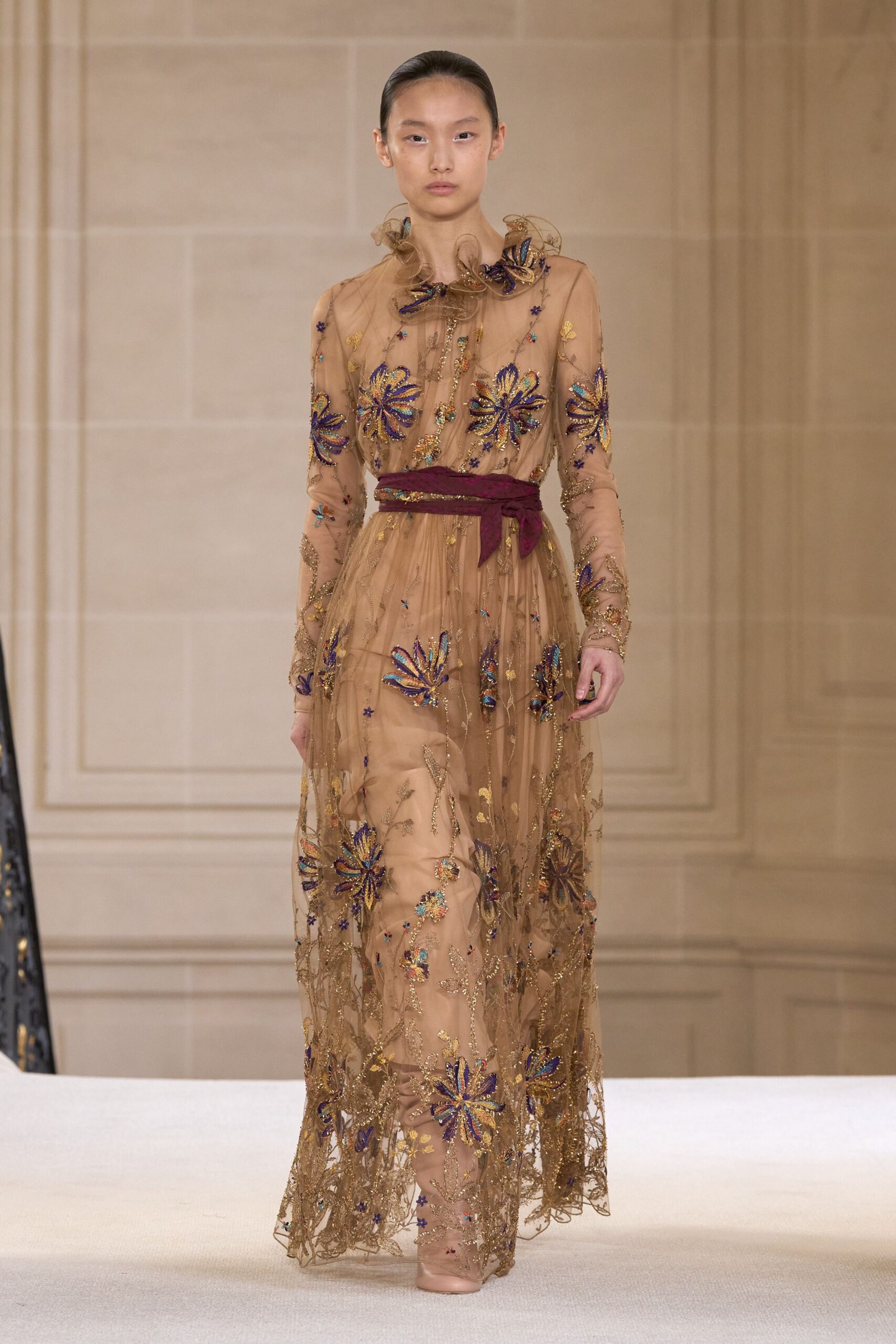 beige sheer embroidered gown