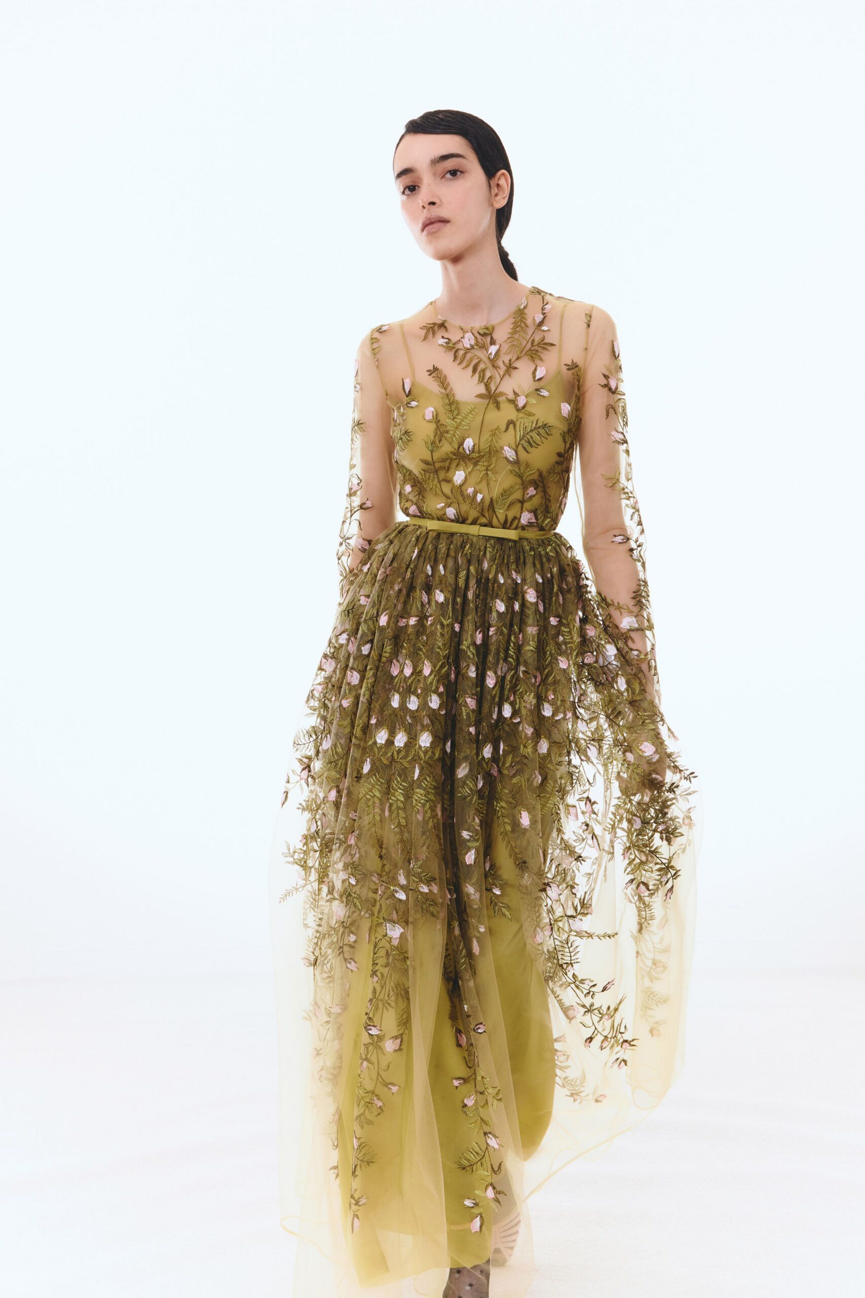 green embroidered sheer gown