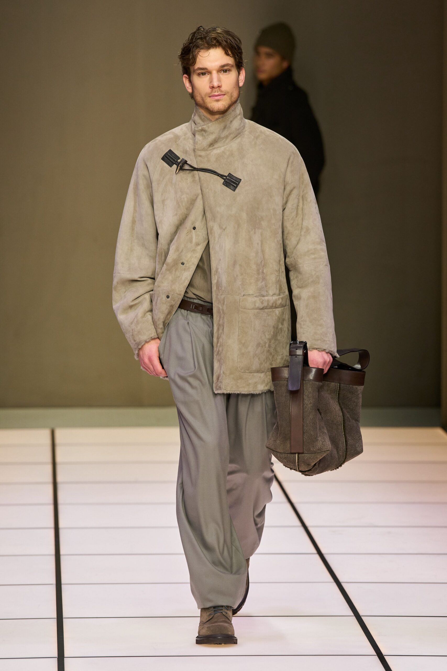 gray suede long-sleeve collared relaxed zippered jacket