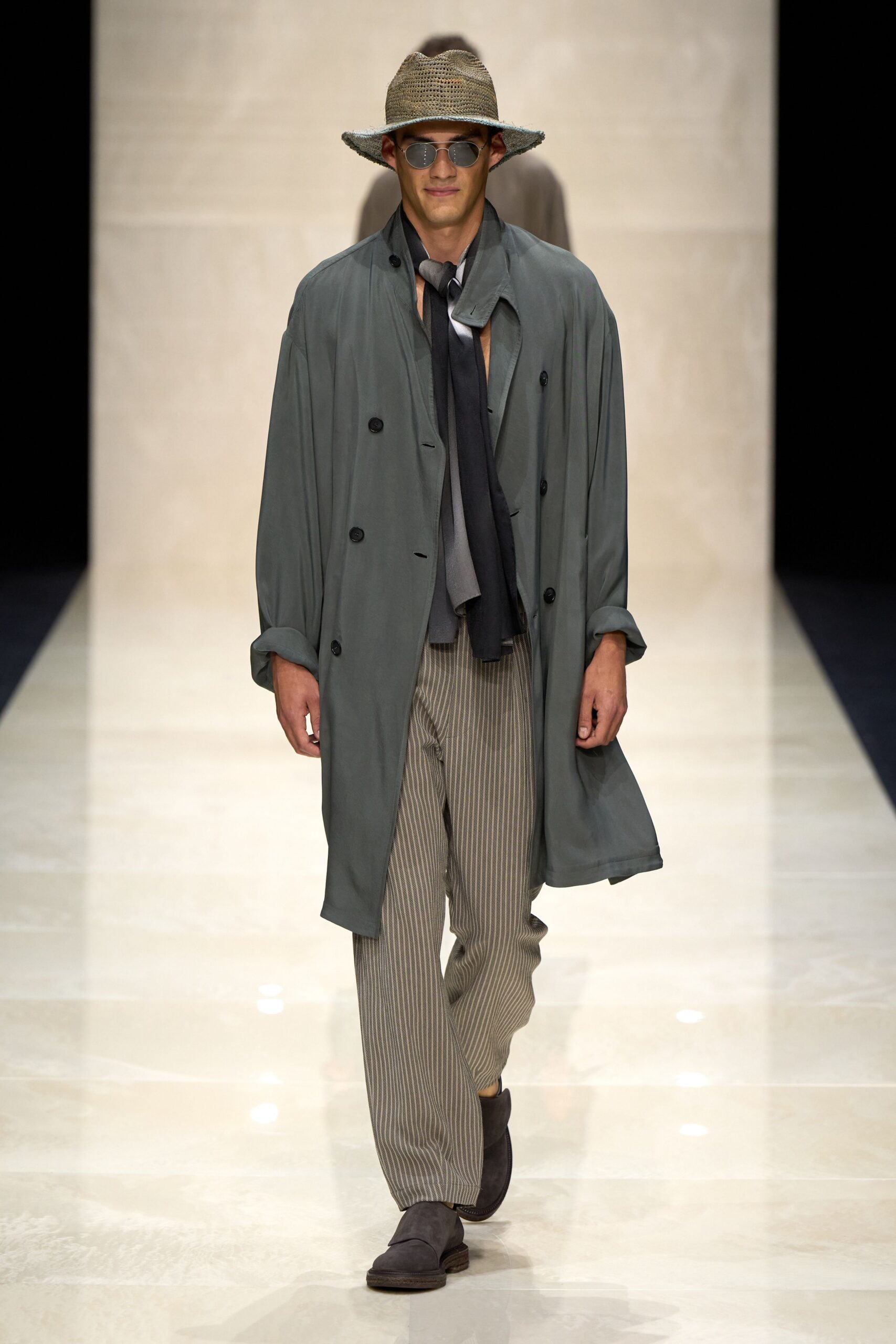 gray coat with striped pants