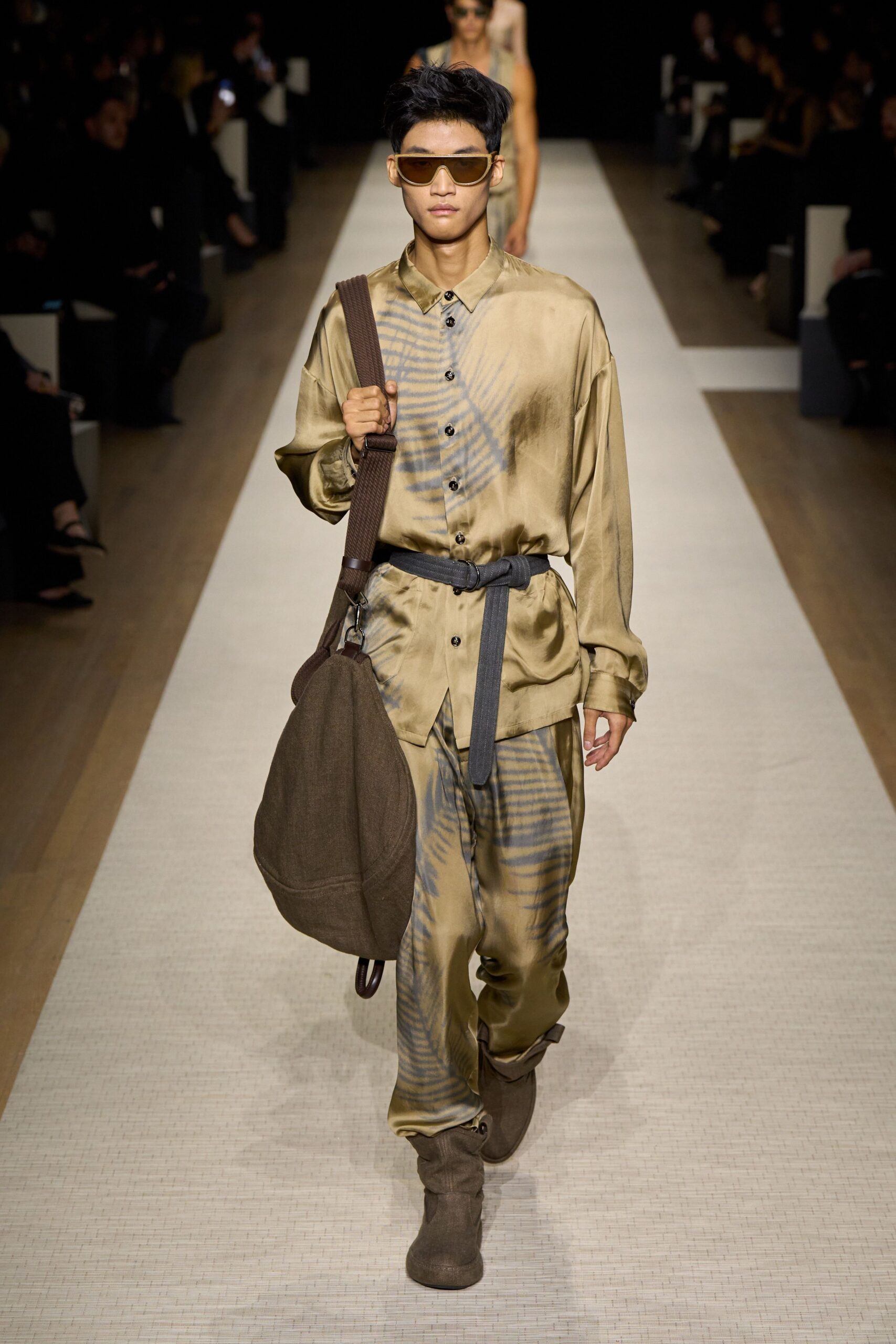 beige silk shirt and pants