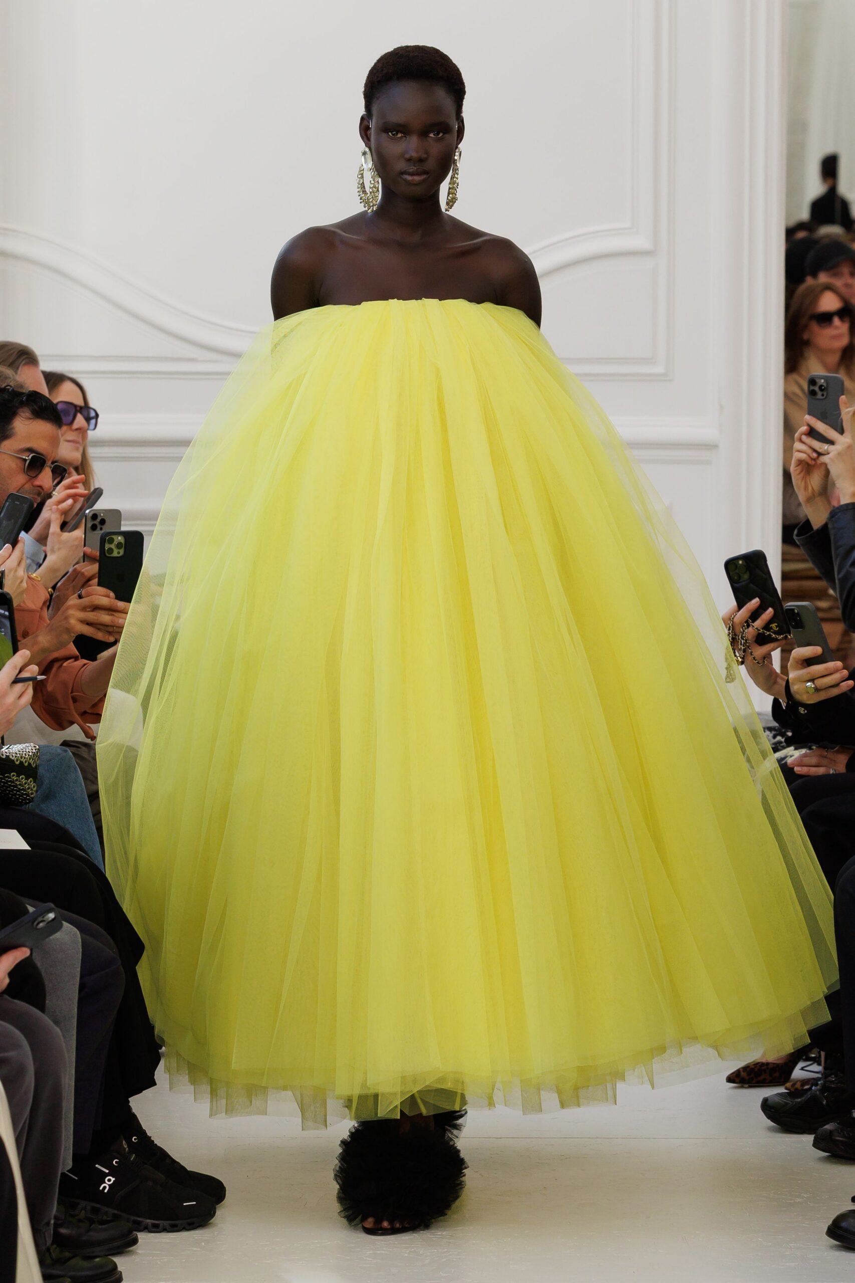 yellow tulle strapless fitted tiered flowing maxi gown