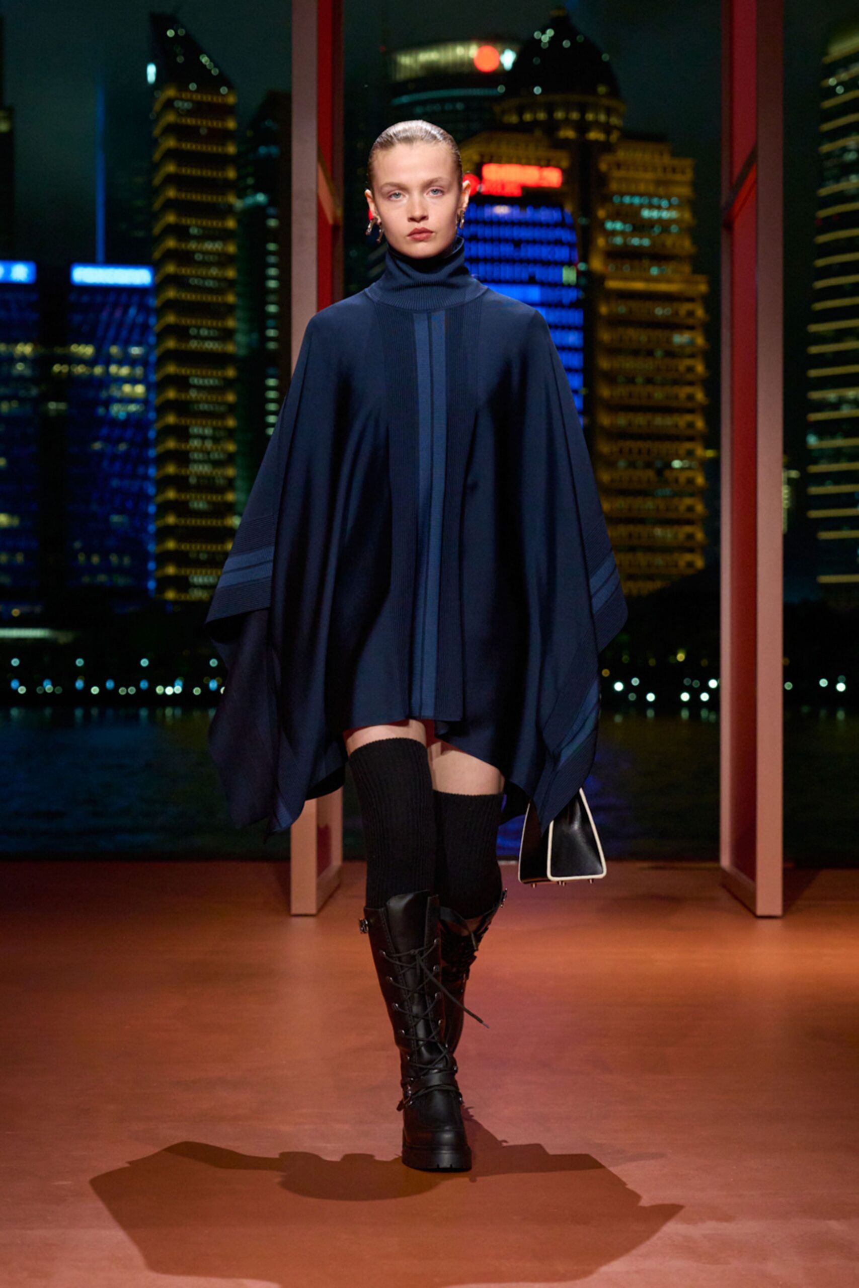 navy wool poncho with black boots