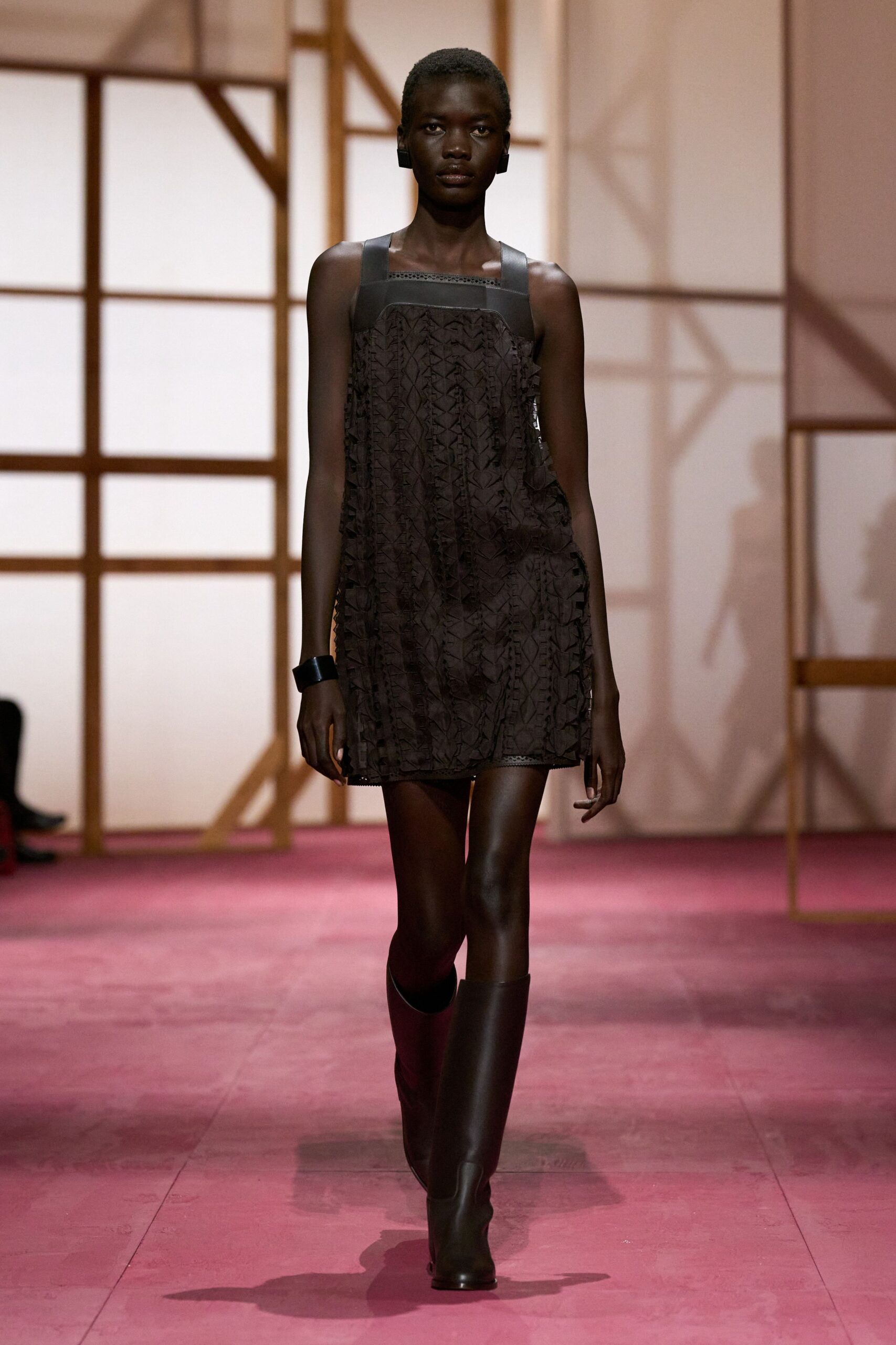 brown pleated mini dress with boots