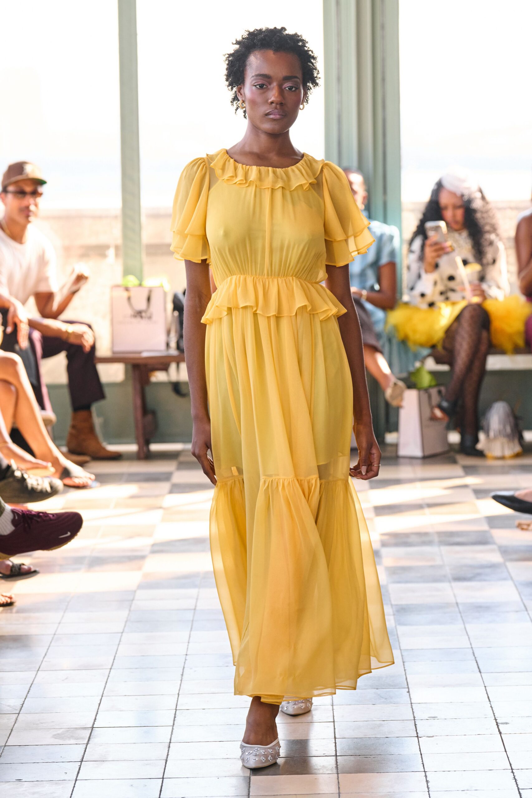 yellow chiffon short-sleeve v-neck relaxed ruffled tiered dress