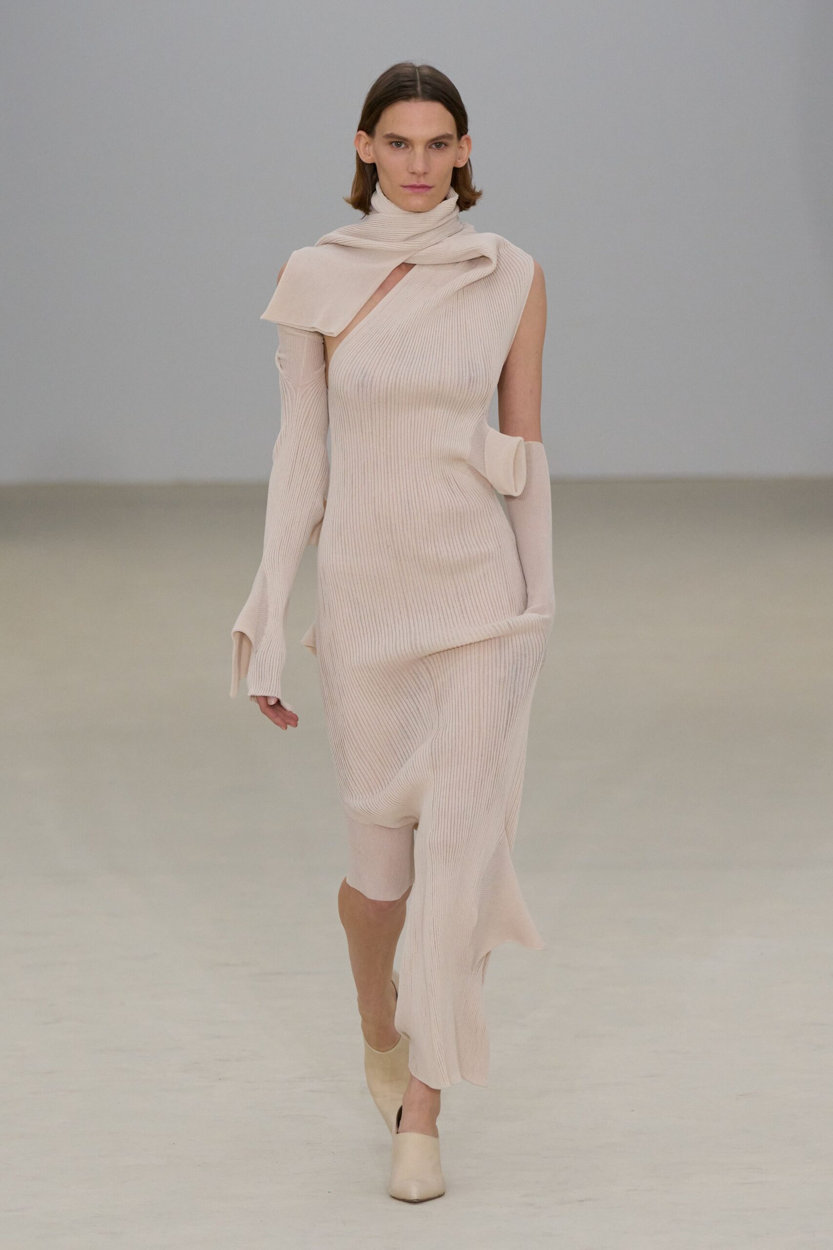 beige knit sleeveless asymmetric fitted ruched midi dress