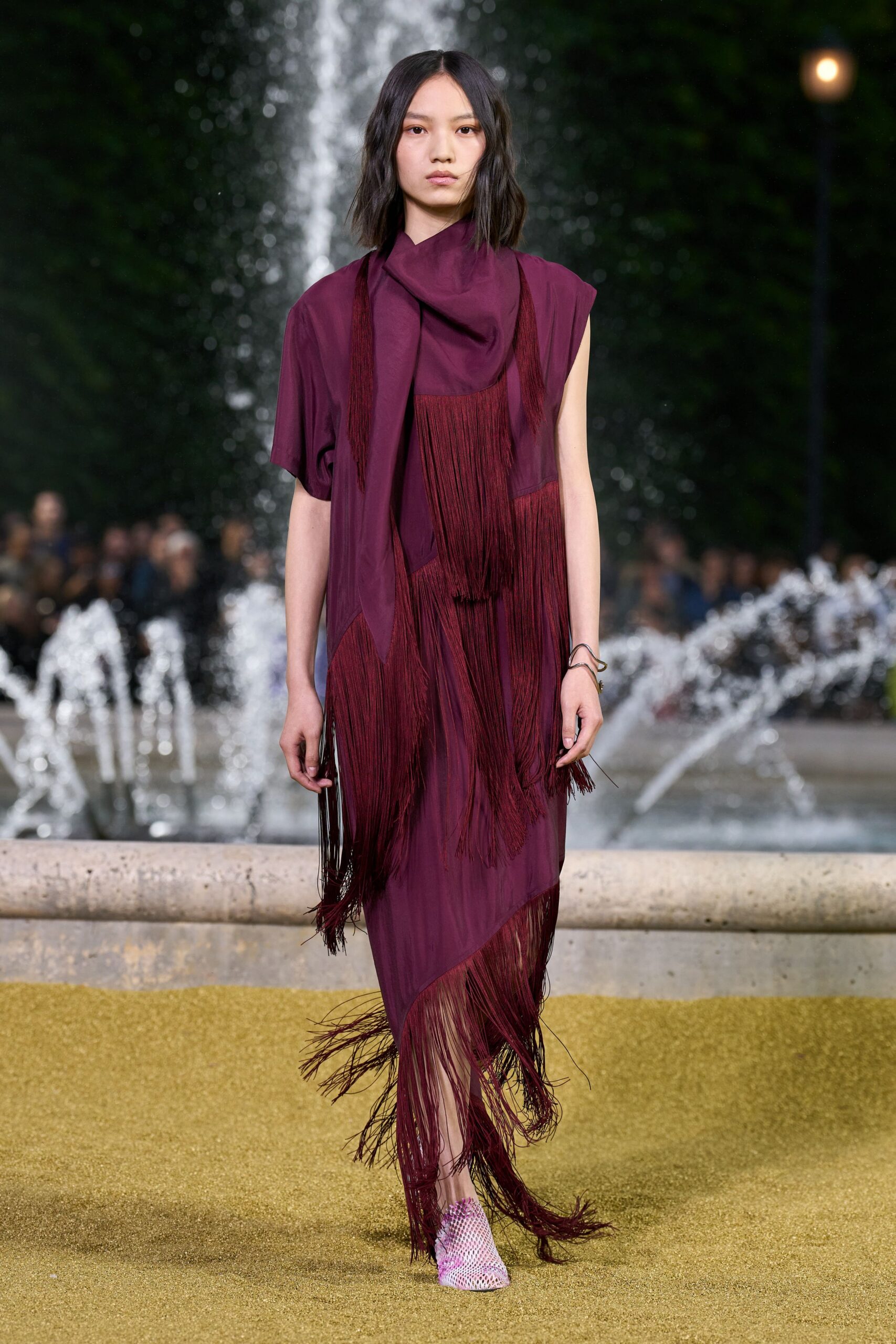 purple silk sleeveless relaxed fringed midi dress